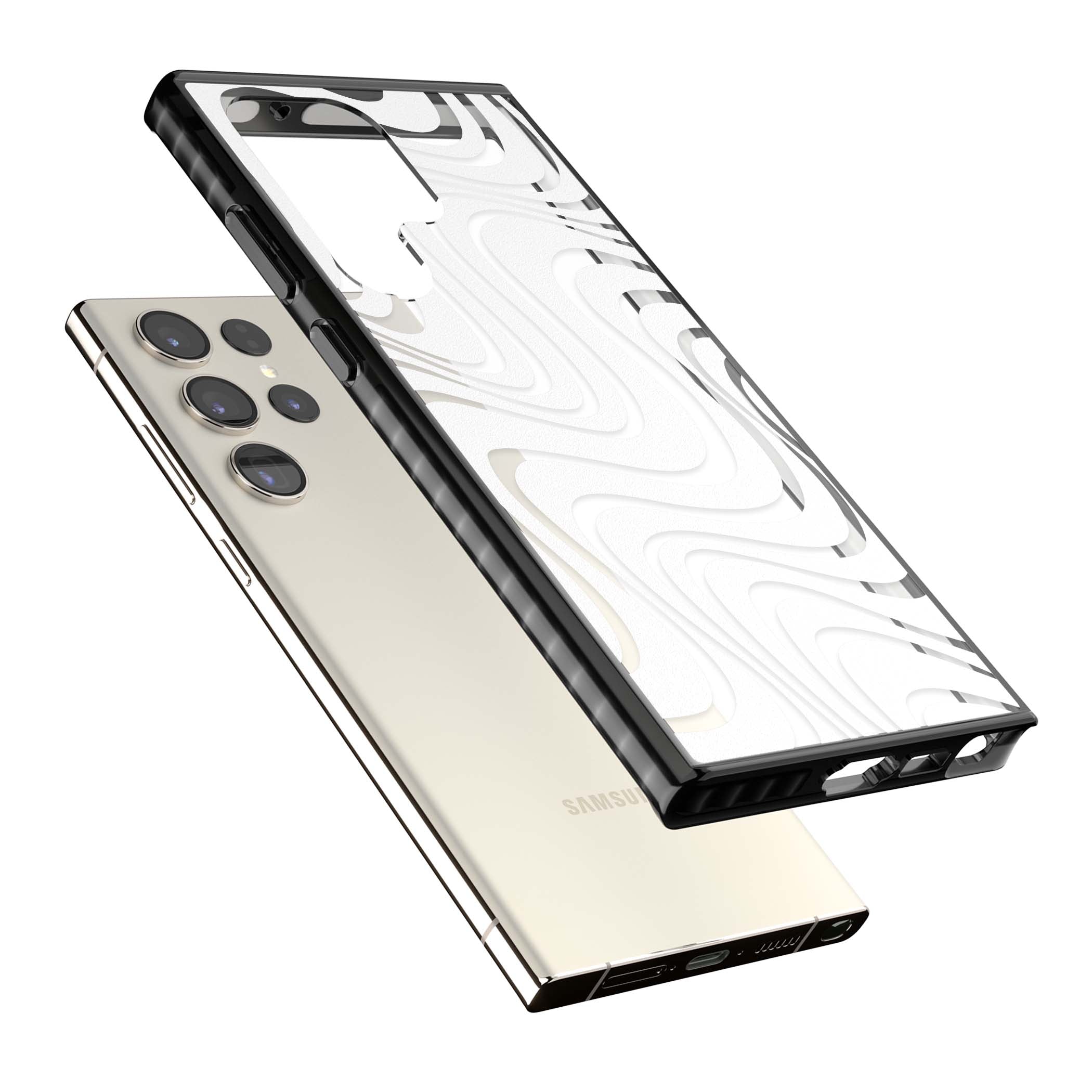 White Abstract Waves abstract iPhone case featuring flowing grey wave pattern on clear background | Black Impact case for Samsung Galaxy S24 Ultra, Samsung Galaxy S23 Ultra, Samsung Galaxy S22 Ultra