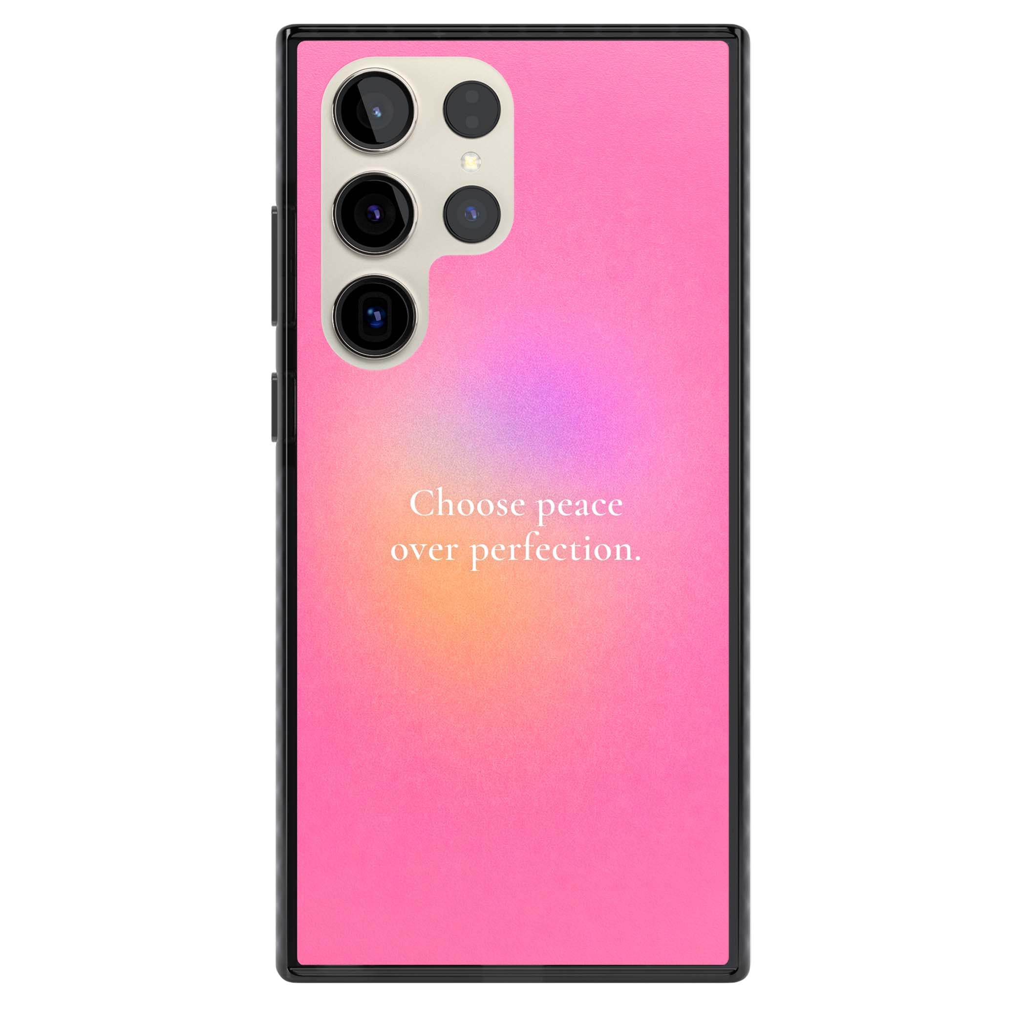 Peace Over Perfection quote iPhone case featuring a dreamy pink aura gradient and delicate white affirmation text | Black Impact case for Samsung Galaxy S24 Ultra, Samsung Galaxy S23 Ultra, Samsung Galaxy S22 Ultra