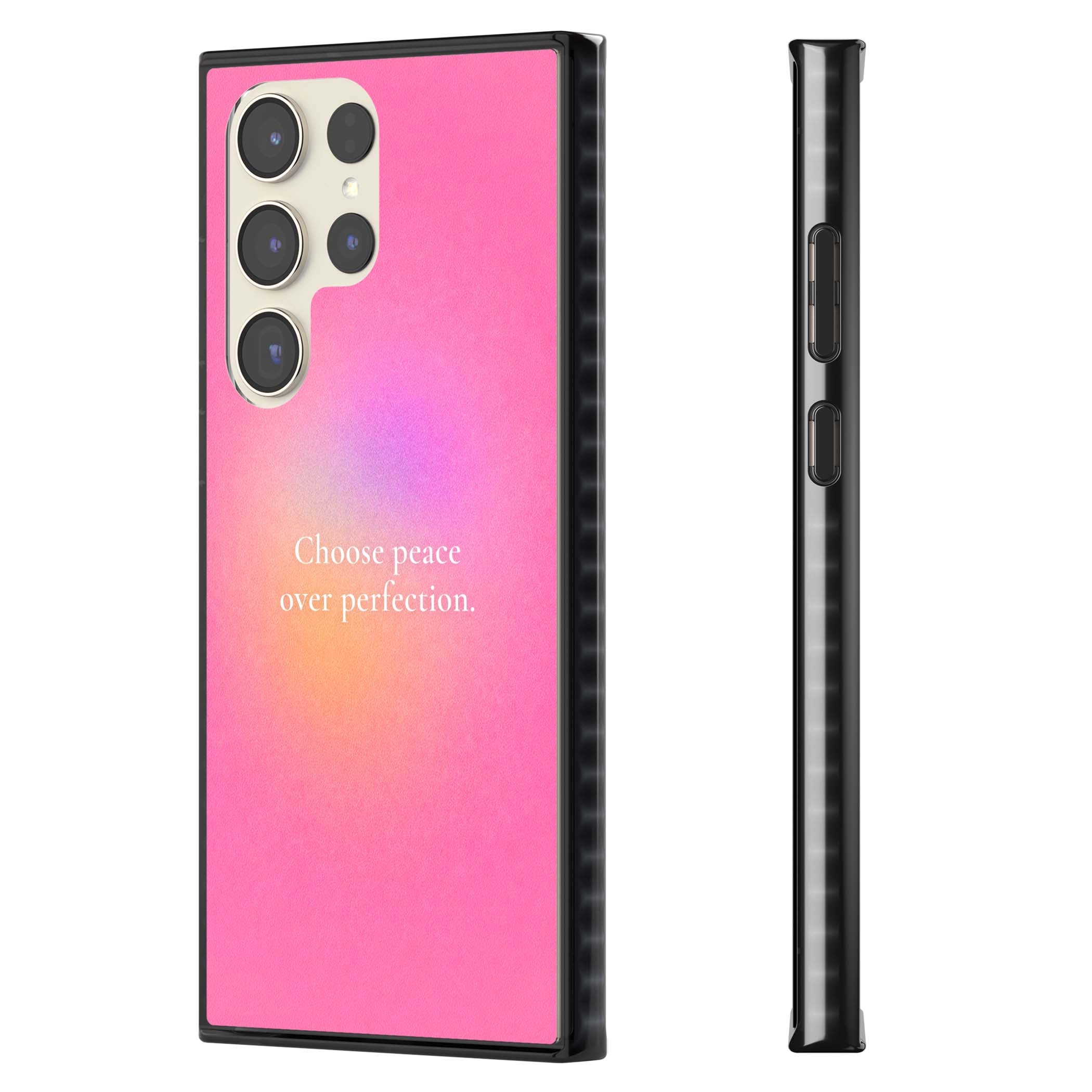 Peace Over Perfection quote iPhone case featuring a dreamy pink aura gradient and delicate white affirmation text | Black Impact case for Samsung Galaxy S24 Ultra, Samsung Galaxy S23 Ultra, Samsung Galaxy S22 Ultra