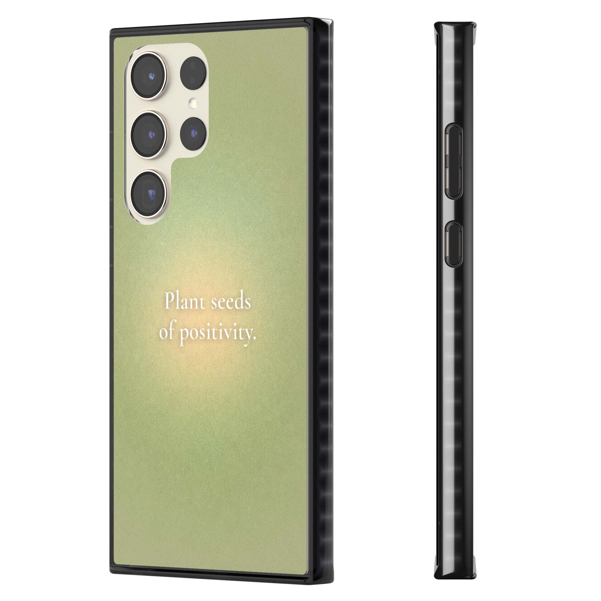 Seeds of Positivity quote iPhone case featuring a sage green aura gradient and golden glow affirmation | Black Impact case for Samsung Galaxy S24 Ultra, Samsung Galaxy S23 Ultra, Samsung Galaxy S22 Ultra