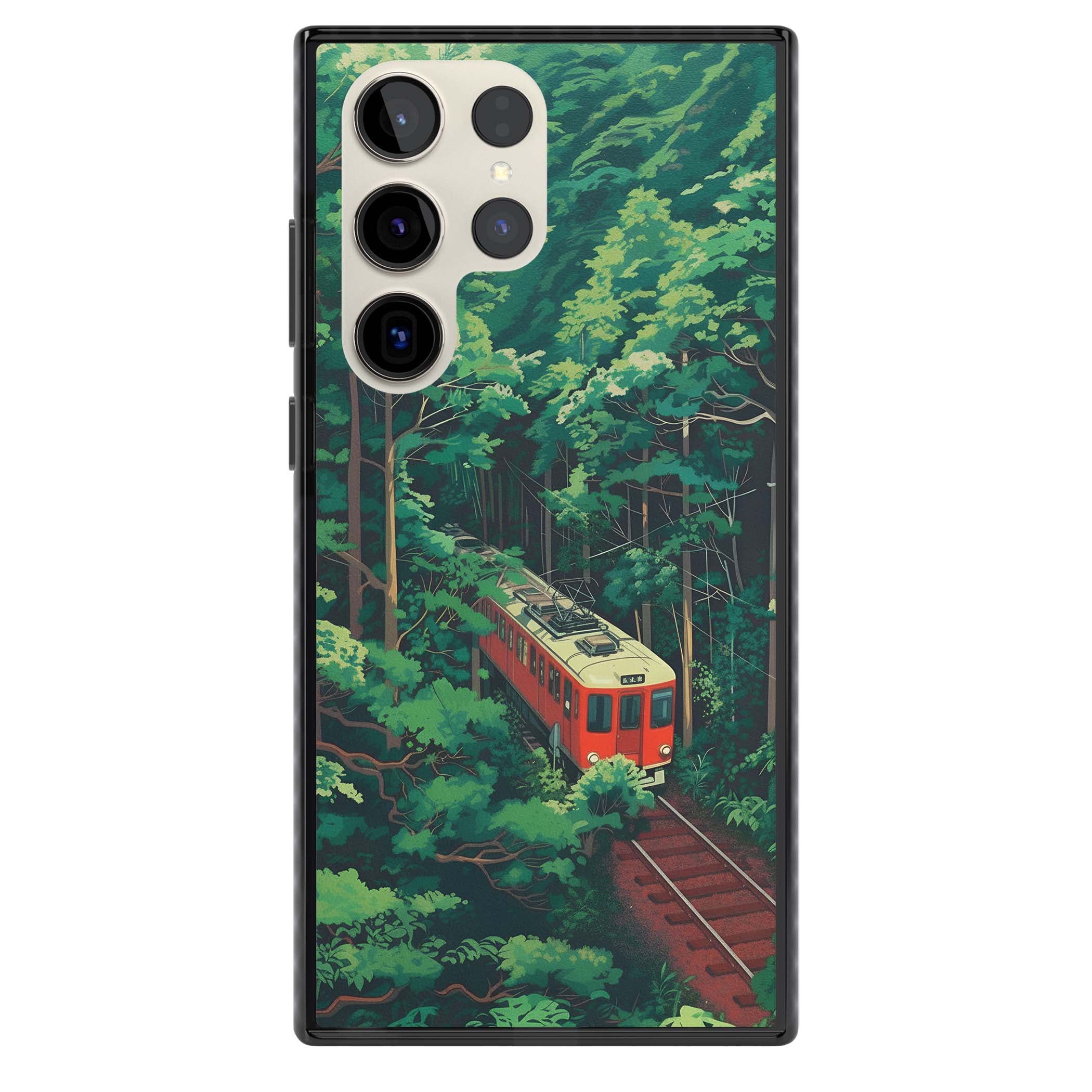 Railway In Toyama Japanese iPhone case featuring a red train, cedar forest and winding mountain railway tracks | Black Impact case for Samsung Galaxy S24 Ultra, Samsung Galaxy S23 Ultra, Samsung Galaxy S22 Ultra