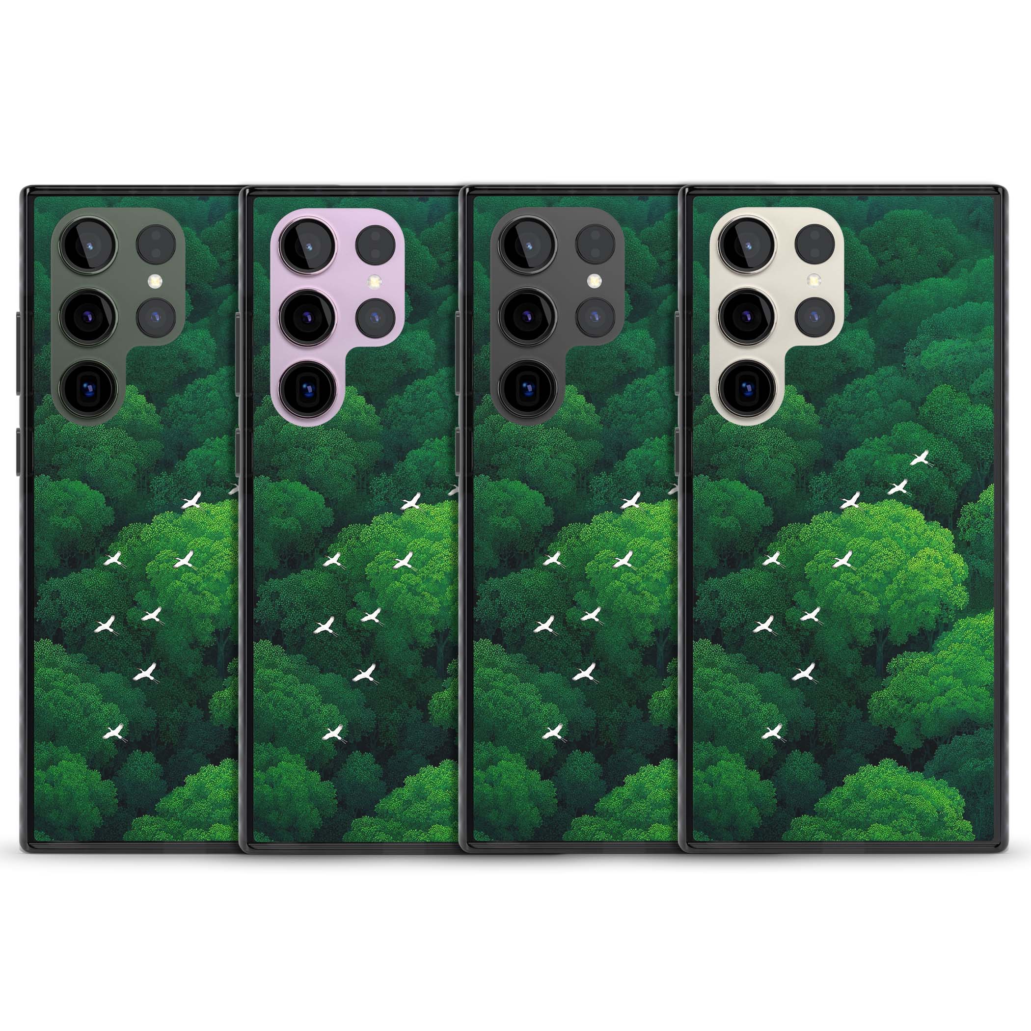 Grove Migration forest iPhone case featuring white cranes flying over lush green treetop canopy | Black Impact case for Samsung Galaxy S24 Ultra, Samsung Galaxy S23 Ultra, Samsung Galaxy S22 Ultra