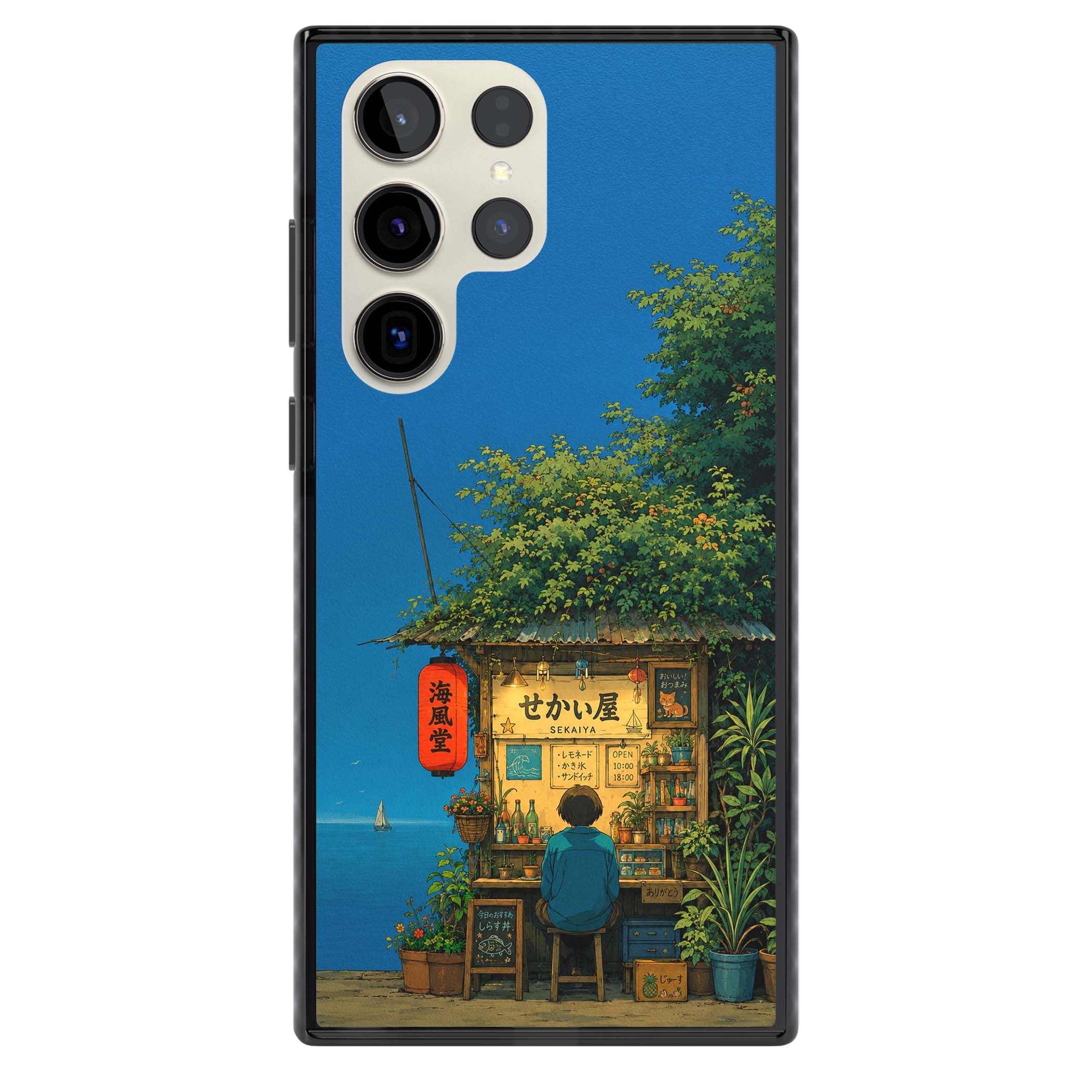 The Shirahama Kiosk anime iPhone case featuring a Japanese seaside shop, red paper lantern and ocean view | Black Impact case for Samsung Galaxy S24 Ultra, Samsung Galaxy S23 Ultra, Samsung Galaxy S22 Ultra
