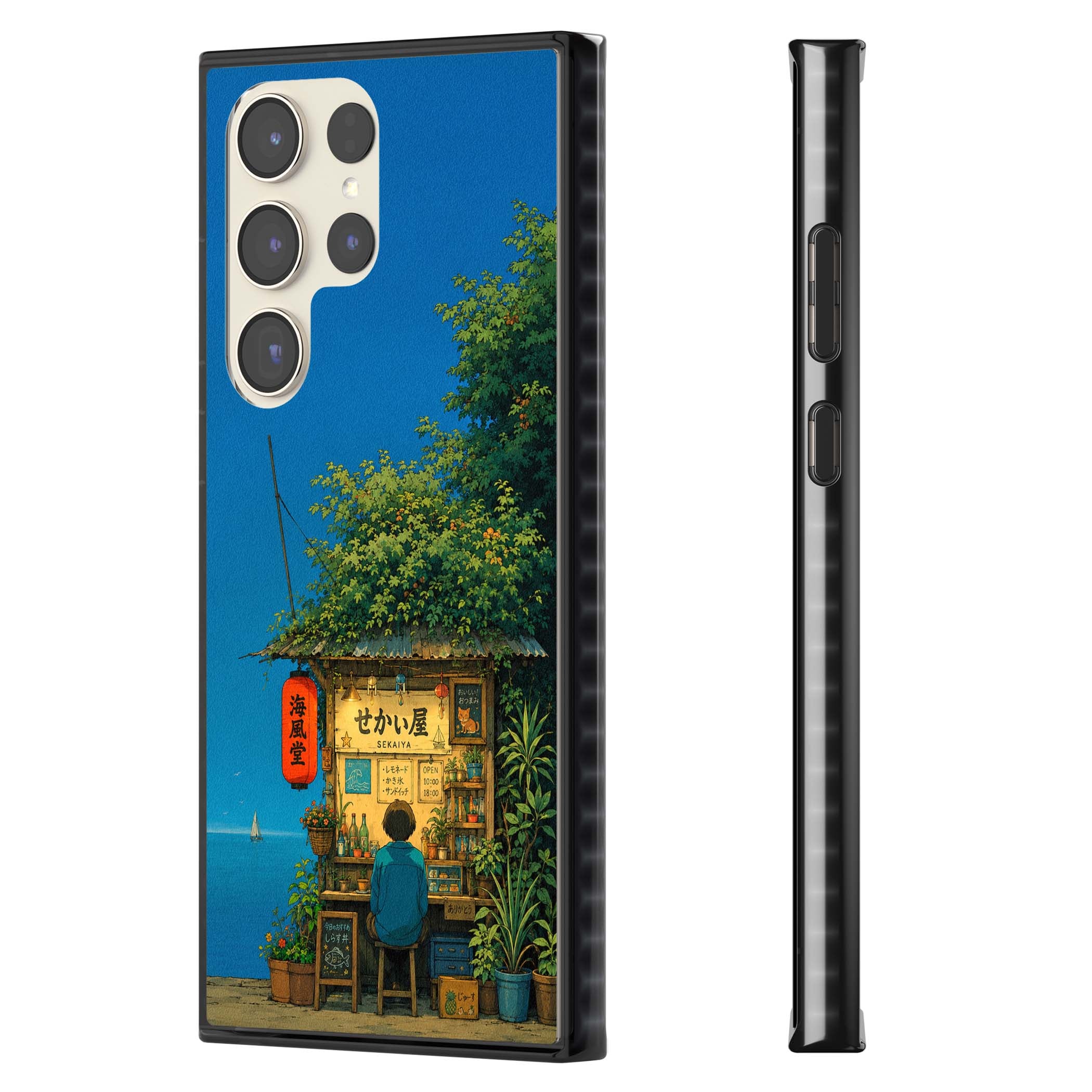 The Shirahama Kiosk anime iPhone case featuring a Japanese seaside shop, red paper lantern and ocean view | Black Impact case for Samsung Galaxy S24 Ultra, Samsung Galaxy S23 Ultra, Samsung Galaxy S22 Ultra