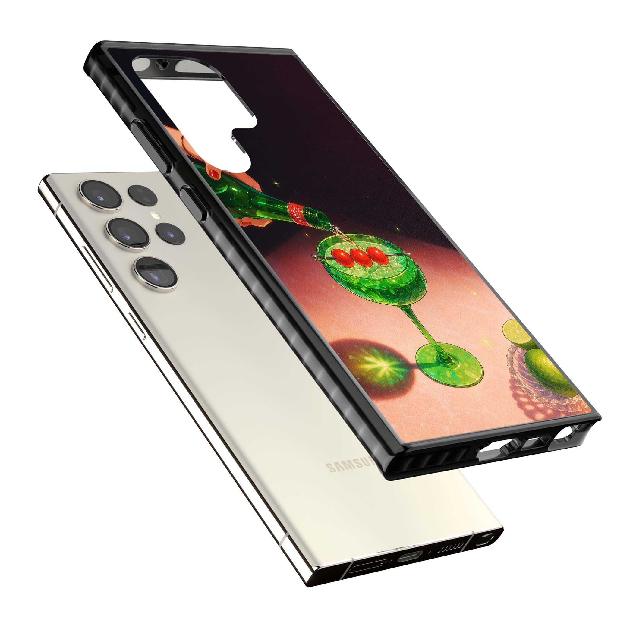 Absinthe Hour cocktail iPhone case featuring a green coupe glass, cherry garnish and vintage bottle pour illustration | Black Impact case for Samsung Galaxy S24 Ultra, Samsung Galaxy S23 Ultra, Samsung Galaxy S22 Ultra