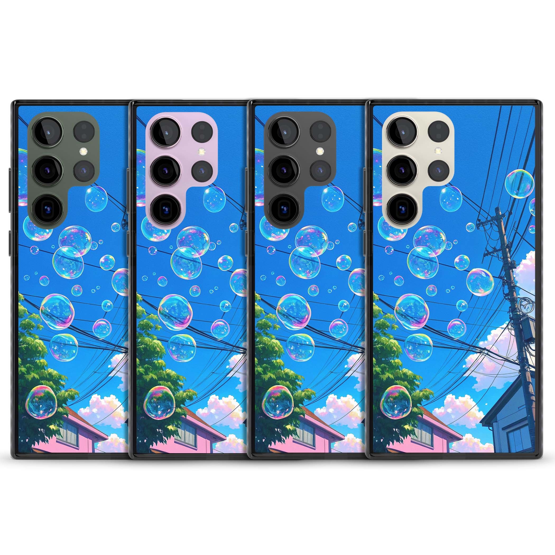 Suburban Bubbles anime iPhone case featuring iridescent soap bubbles, blue sky and Japanese telephone wires | Black Impact case for Samsung Galaxy S24 Ultra, Samsung Galaxy S23 Ultra, Samsung Galaxy S22 Ultra