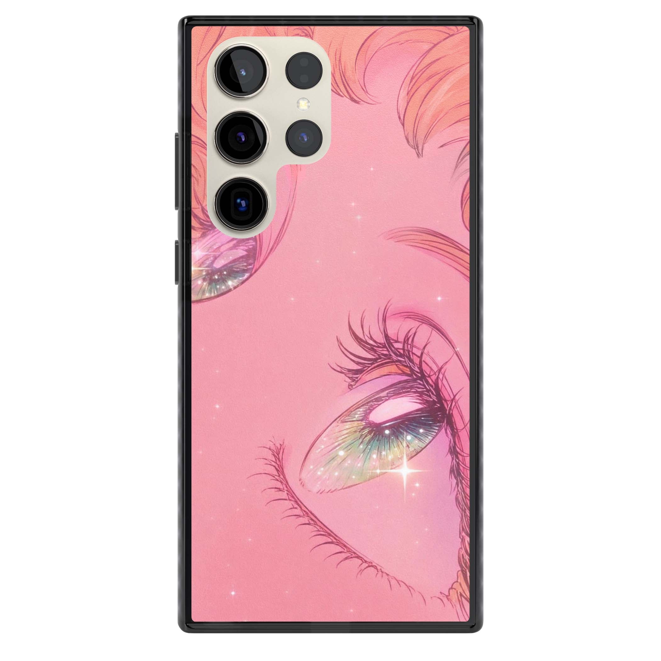 Pink Ethereal Gaze anime iPhone case featuring sparkling manga eyes, coral lashes and dreamy peach sky | Black Impact case for Samsung Galaxy S24 Ultra, Samsung Galaxy S23 Ultra, Samsung Galaxy S22 Ultra