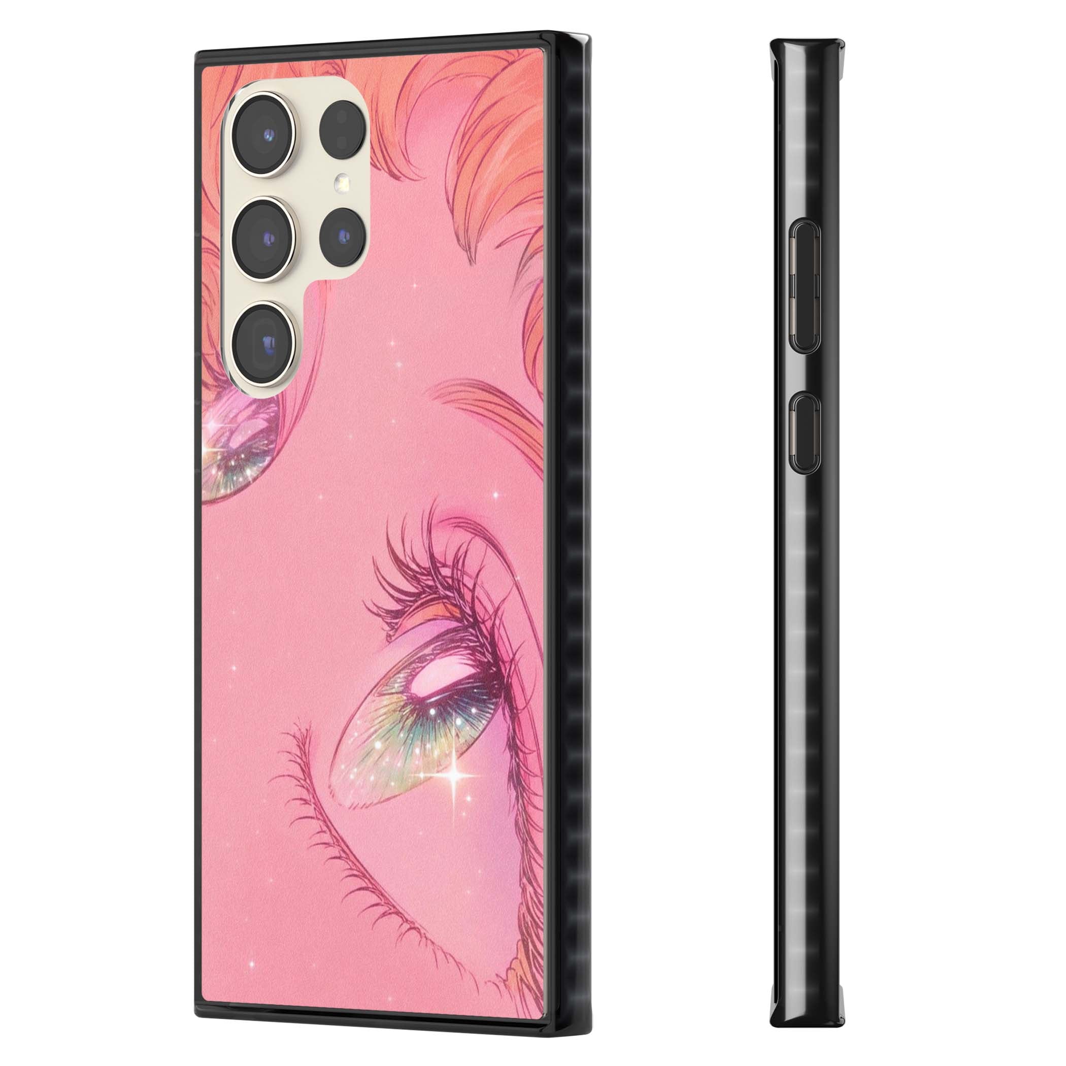 Pink Ethereal Gaze anime iPhone case featuring sparkling manga eyes, coral lashes and dreamy peach sky | Black Impact case for Samsung Galaxy S24 Ultra, Samsung Galaxy S23 Ultra, Samsung Galaxy S22 Ultra