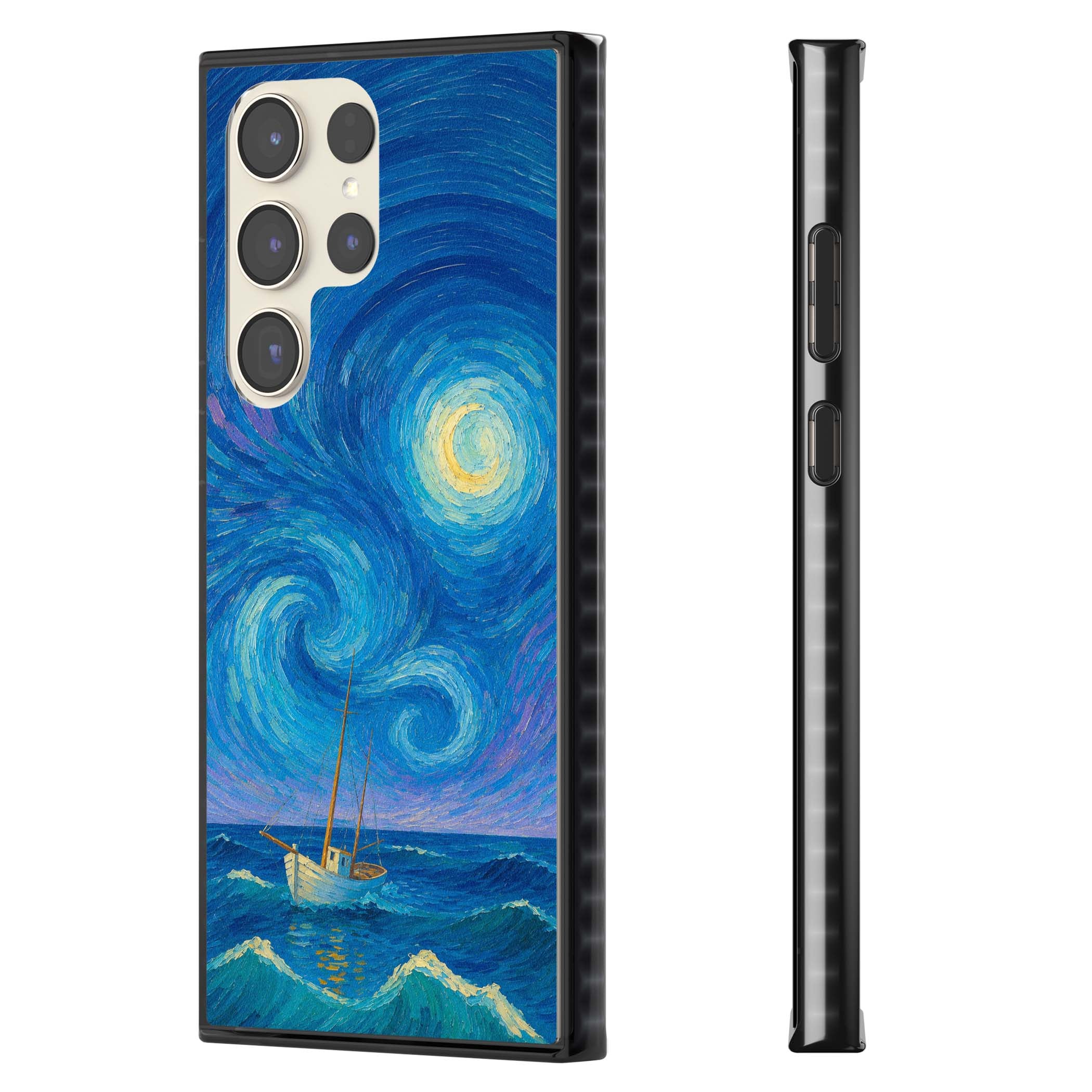 Moonlit Tide Van Gogh art iPhone case featuring swirling starry night sky, glowing moon and lone sailing boat at sea | Black Impact case for Samsung Galaxy S24 Ultra, Samsung Galaxy S23 Ultra, Samsung Galaxy S22 Ultra