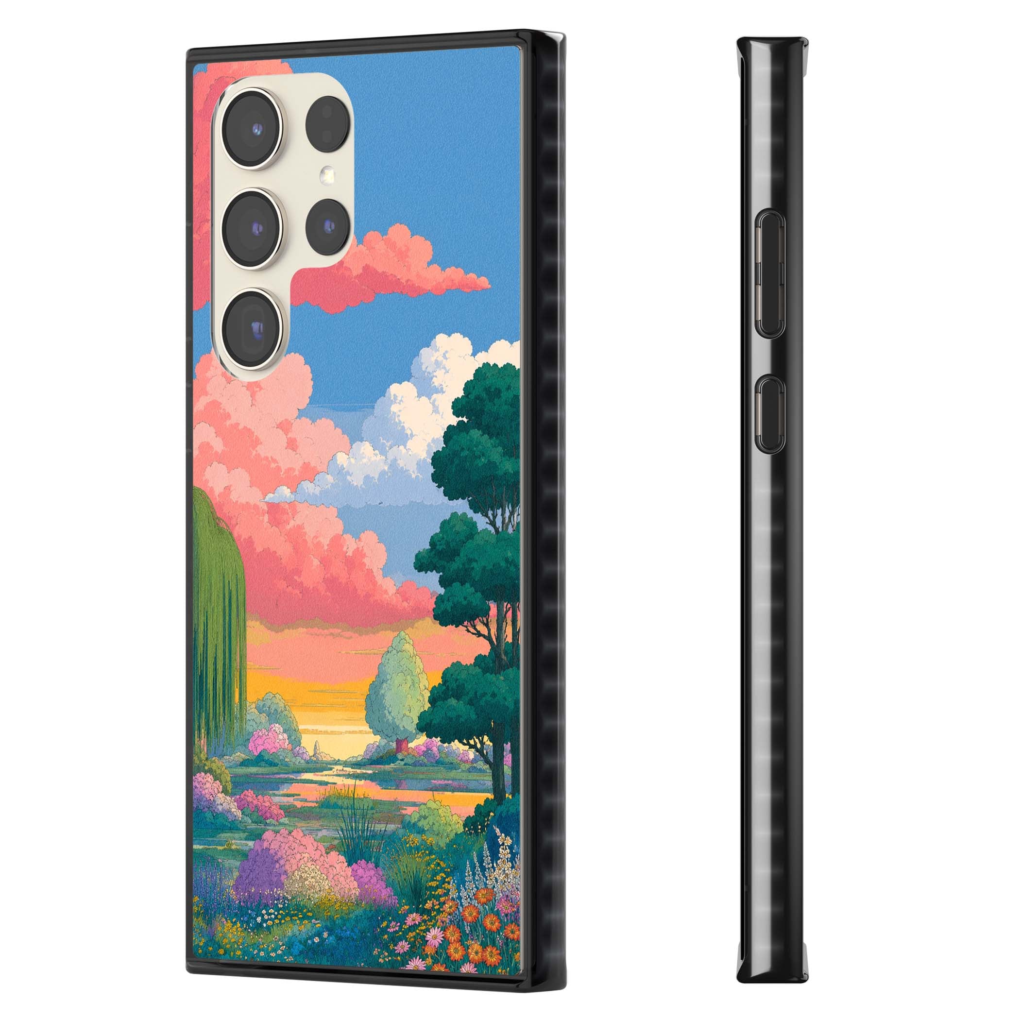 Dream Valley anime landscape iPhone case featuring pink sunset clouds, willow trees and wildflowers | Black Impact case for Samsung Galaxy S24 Ultra, Samsung Galaxy S23 Ultra, Samsung Galaxy S22 Ultra