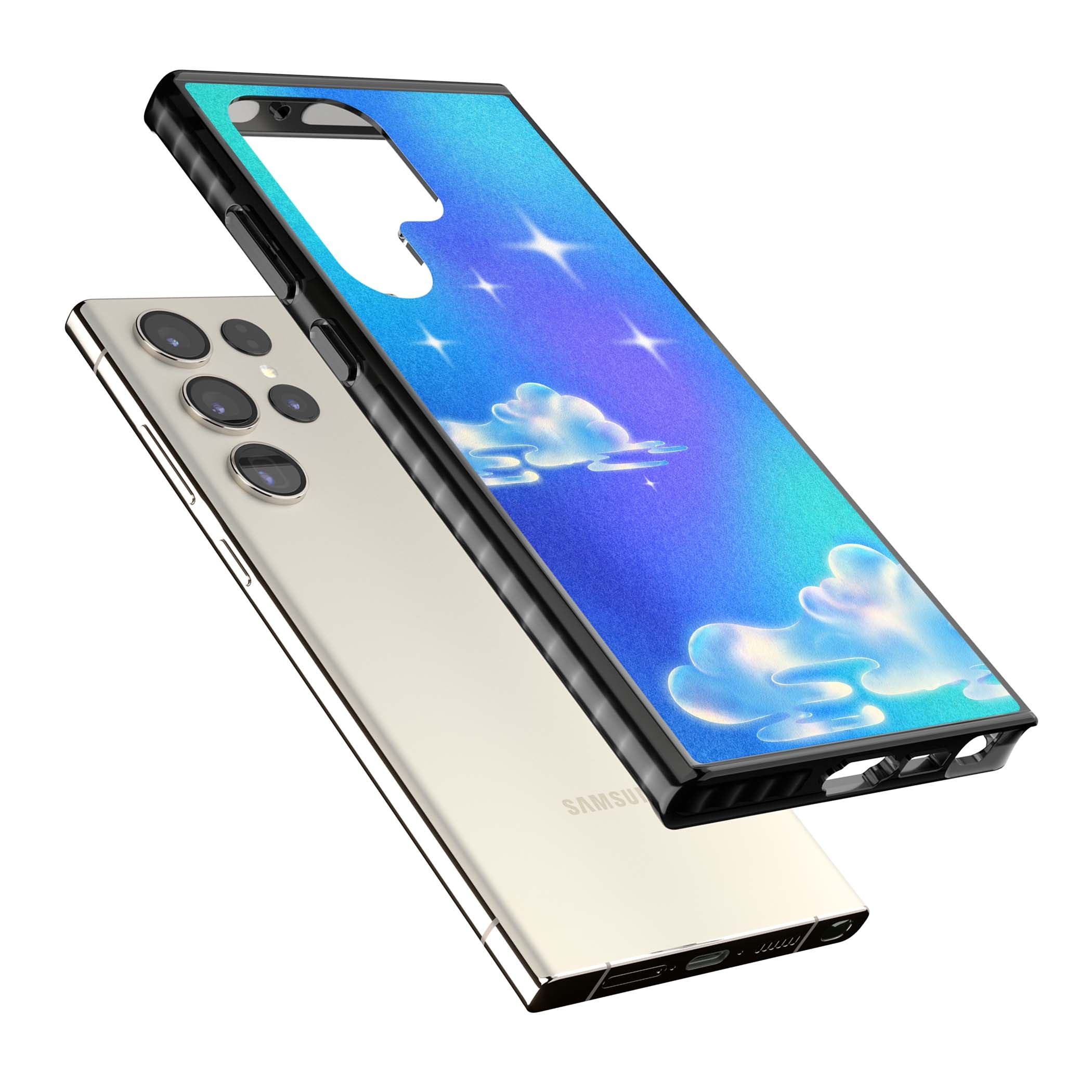 Aurora celestial iPhone case featuring dreamy iridescent clouds, sparkling stars and pastel blue purple sky | Black Impact case for Samsung Galaxy S24 Ultra, Samsung Galaxy S23 Ultra, Samsung Galaxy S22 Ultra