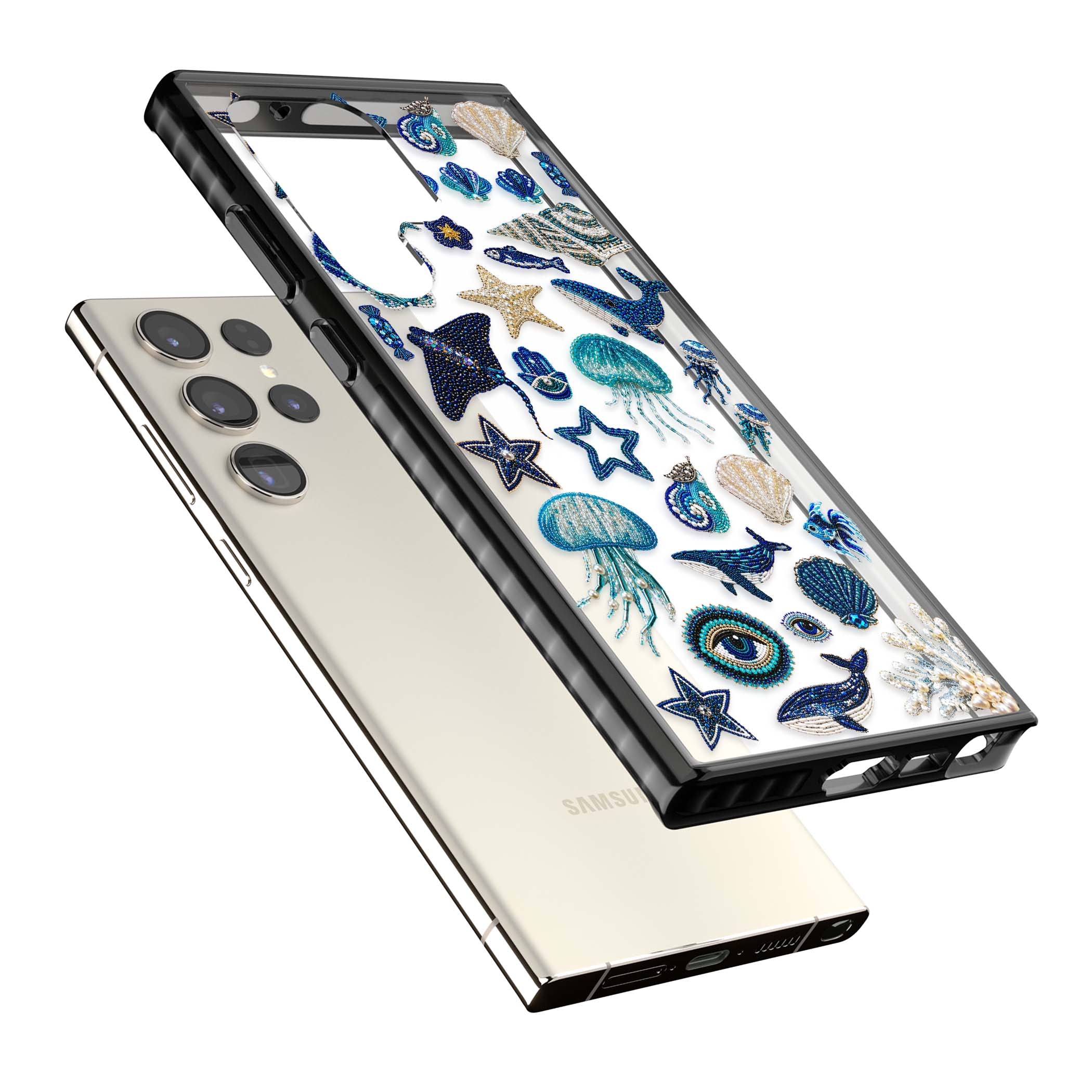 Beaded Coastal coastal iPhone case featuring embroidered seashells, jellyfish and a blue whale on clear | Black Impact case for Samsung Galaxy S24 Ultra, Samsung Galaxy S23 Ultra, Samsung Galaxy S22 Ultra