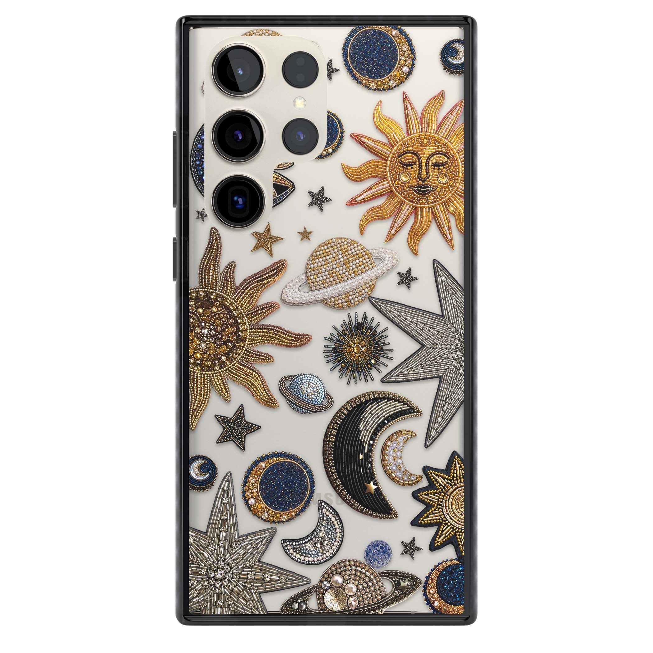 Beaded Cosmos celestial iPhone case featuring embroidered golden suns, beaded planets and silver shooting stars | Black Impact case for Samsung Galaxy S24 Ultra, Samsung Galaxy S23 Ultra, Samsung Galaxy S22 Ultra