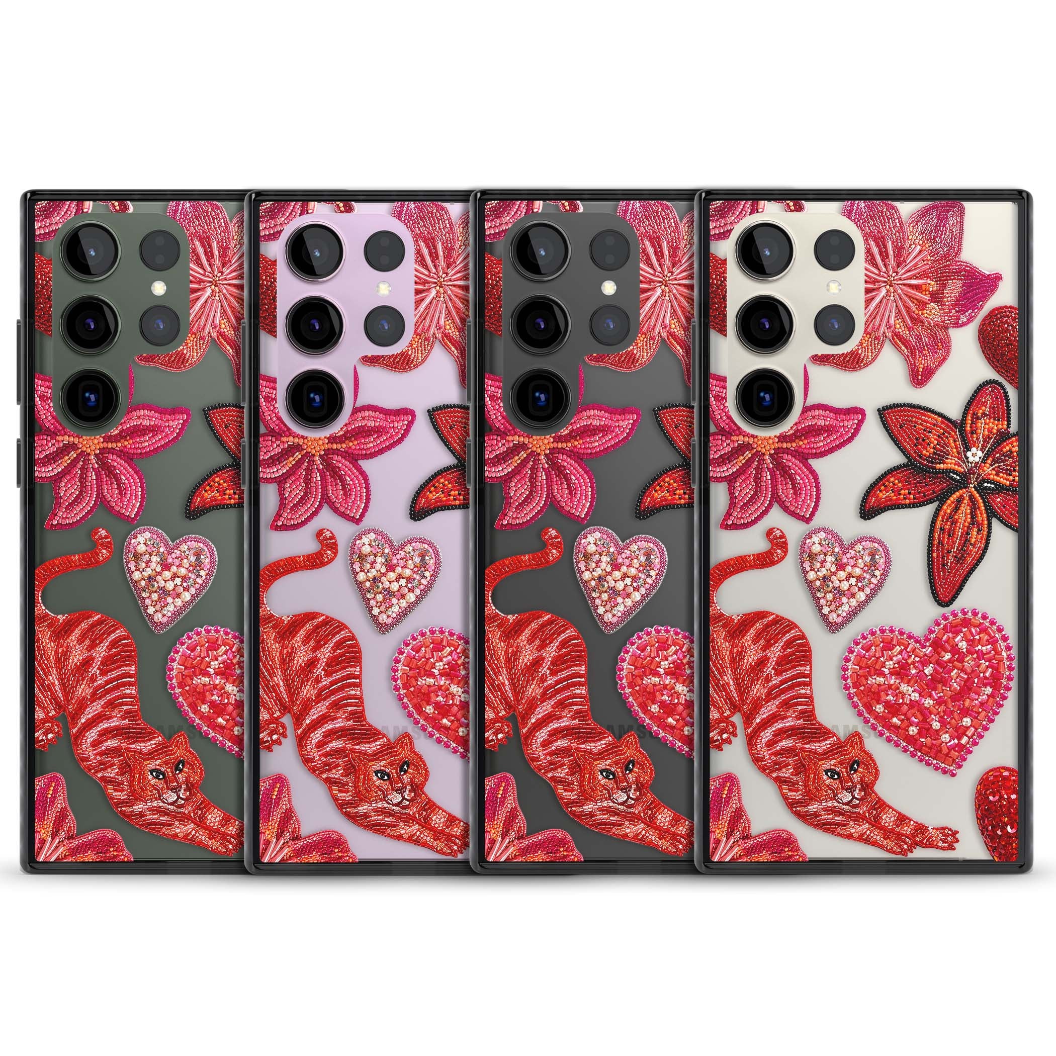 Beaded Boho floral iPhone case featuring beaded red lilies, a stitched tiger, and pearl-encrusted hearts on clear | Black Impact case for Samsung Galaxy S24 Ultra, Samsung Galaxy S23 Ultra, Samsung Galaxy S22 Ultra