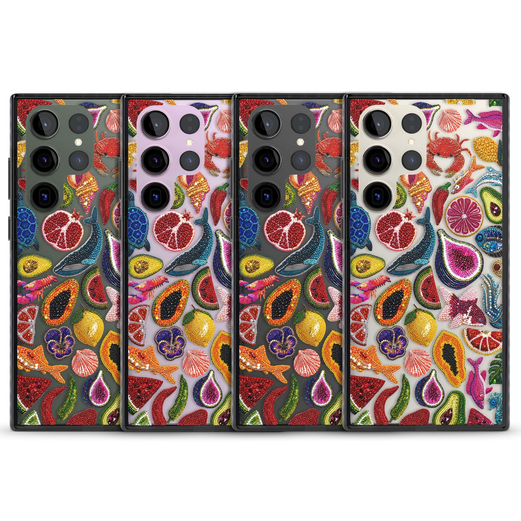 Beaded Tropic tropical iPhone case featuring beaded fruit, fish, crabs and seashells in vibrant colour | Black Impact case for Samsung Galaxy S24 Ultra, Samsung Galaxy S23 Ultra, Samsung Galaxy S22 Ultra