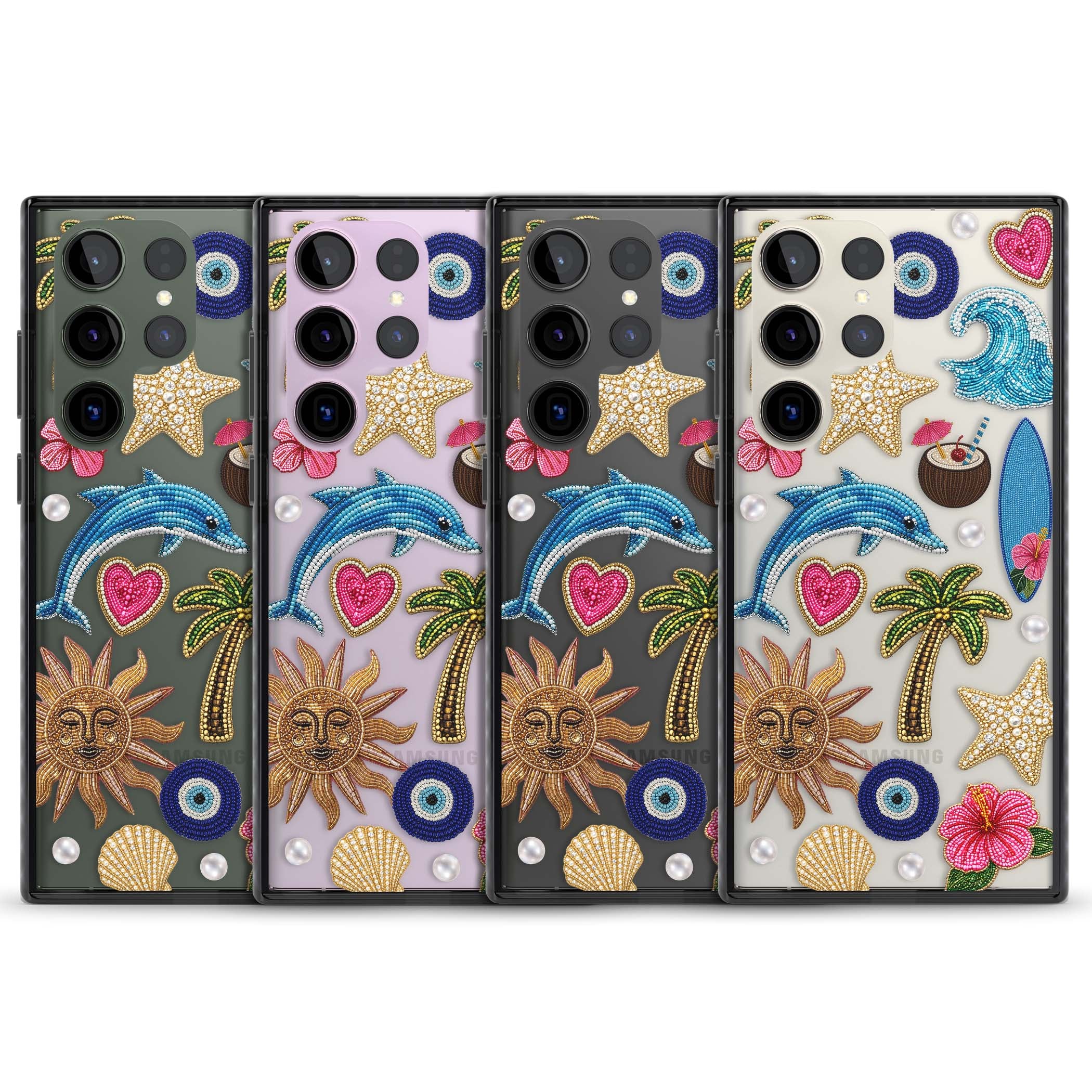 Beaded Beach coastal summer iPhone case featuring embroidered evil eye, hibiscus flowers, dolphin and palm tree patches | Black Impact case for Samsung Galaxy S24 Ultra, Samsung Galaxy S23 Ultra, Samsung Galaxy S22 Ultra