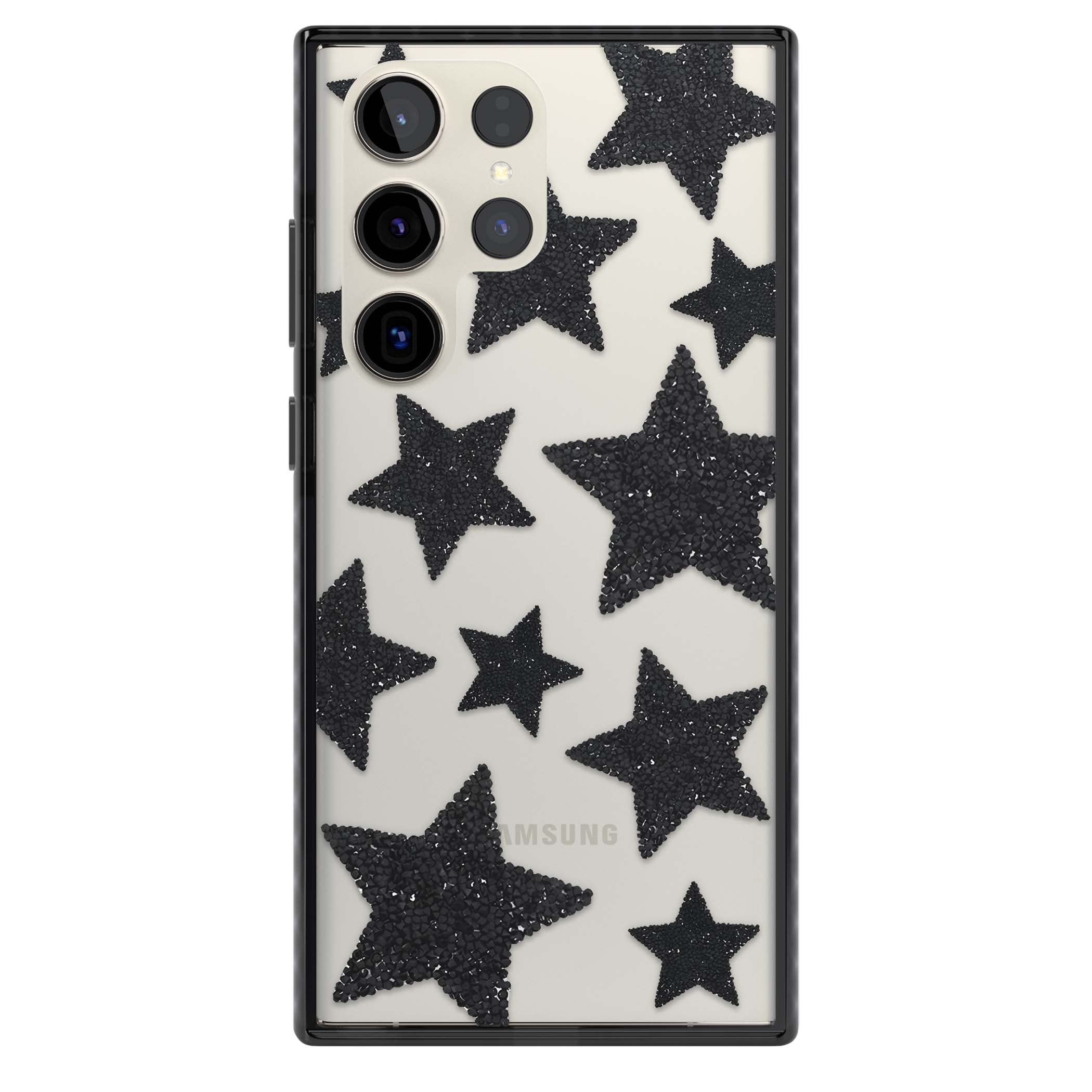 Beaded Black Stars celestial iPhone case featuring black glitter beaded stars scattered on a clear background | Black Impact case for Samsung Galaxy S24 Ultra, Samsung Galaxy S23 Ultra, Samsung Galaxy S22 Ultra
