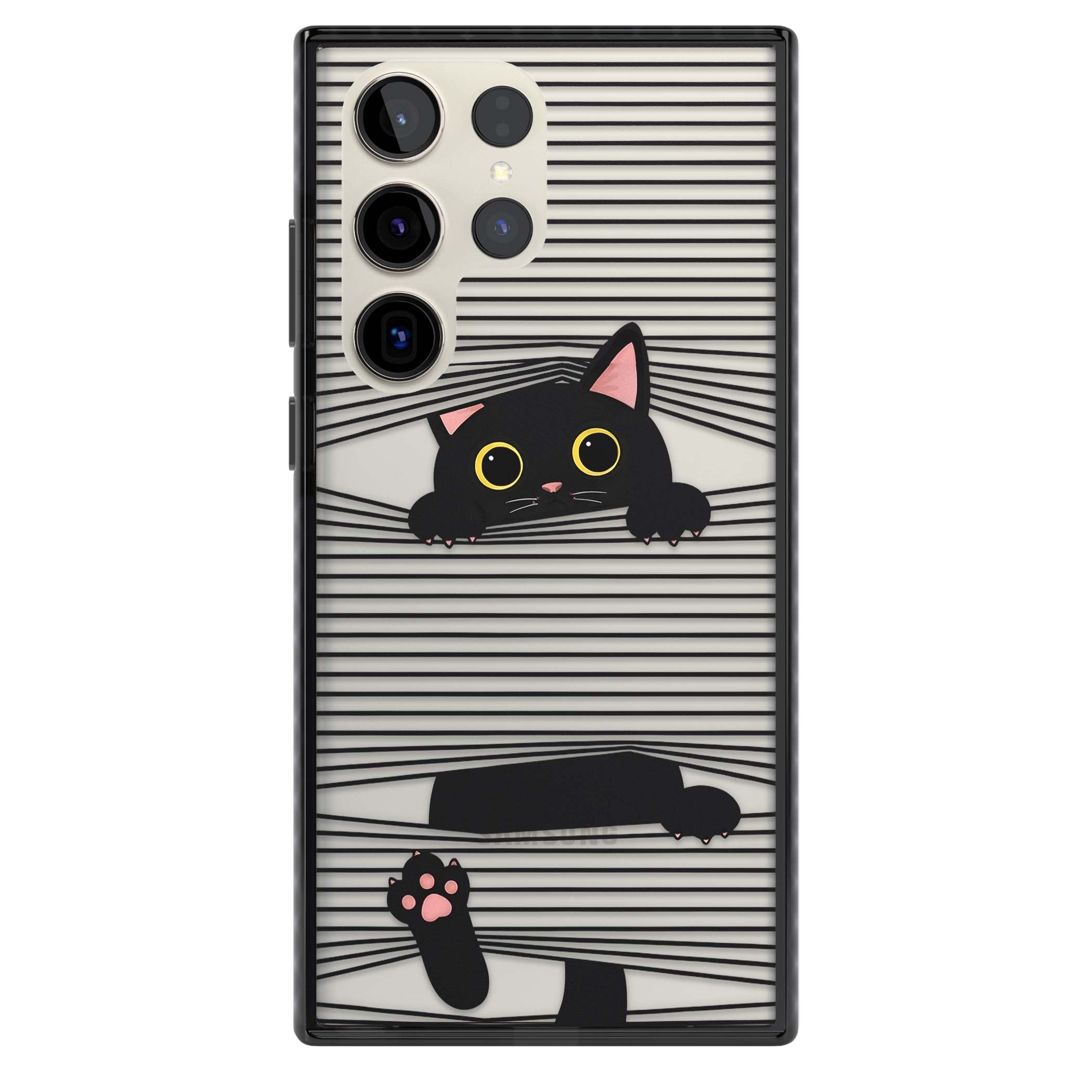 Peek-a-Boo Cat minimal iPhone case featuring black cat peeking through horizontal black and white stripes | Black Impact case for Samsung Galaxy S24 Ultra, Samsung Galaxy S23 Ultra, Samsung Galaxy S22 Ultra