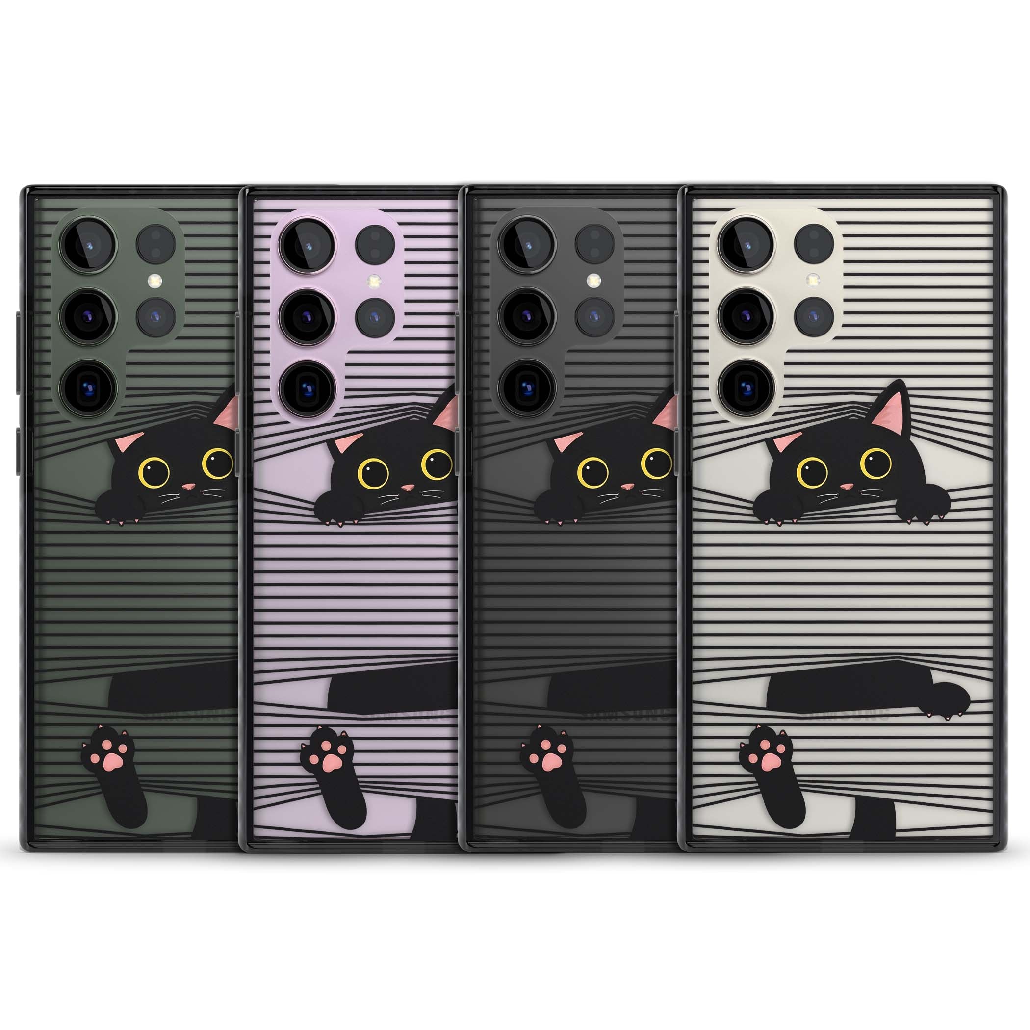 Peek-a-Boo Cat minimal iPhone case featuring black cat peeking through horizontal black and white stripes | Black Impact case for Samsung Galaxy S24 Ultra, Samsung Galaxy S23 Ultra, Samsung Galaxy S22 Ultra