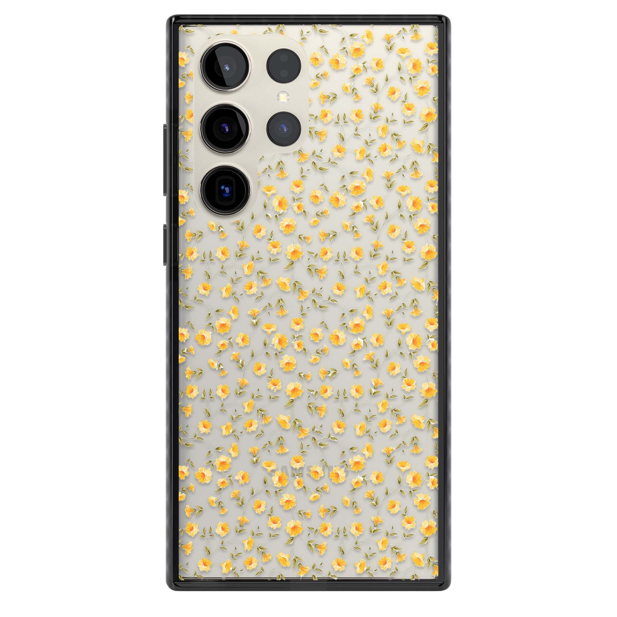 Buttercup wildflower iPhone case featuring tiny yellow flowers and trailing green vines on clear | Black Impact case for Samsung Galaxy S24 Ultra, Samsung Galaxy S23 Ultra, Samsung Galaxy S22 Ultra