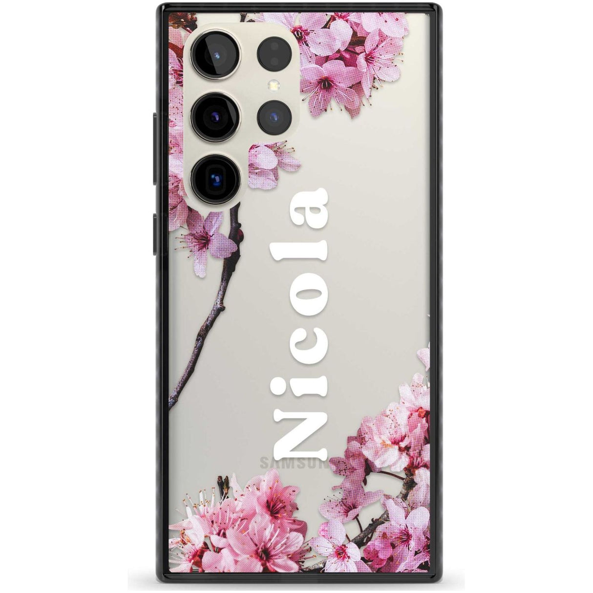 Personalised Cherry Blossoms with Text Custom Phone Case Samsung S22 Ultra / Black Impact Case,Samsung S23 Ultra / Black Impact Case Blanc Space