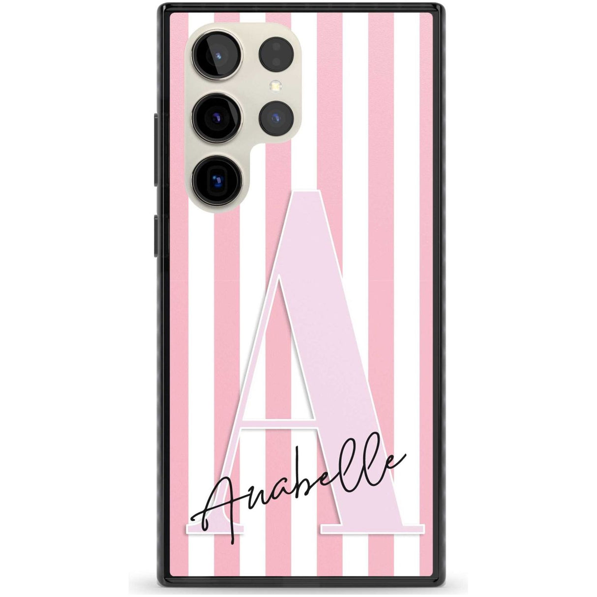 Personalised Pink Stripes & Large Monogram Custom Phone Case Samsung S22 Ultra / Black Impact Case,Samsung S23 Ultra / Black Impact Case Blanc Space