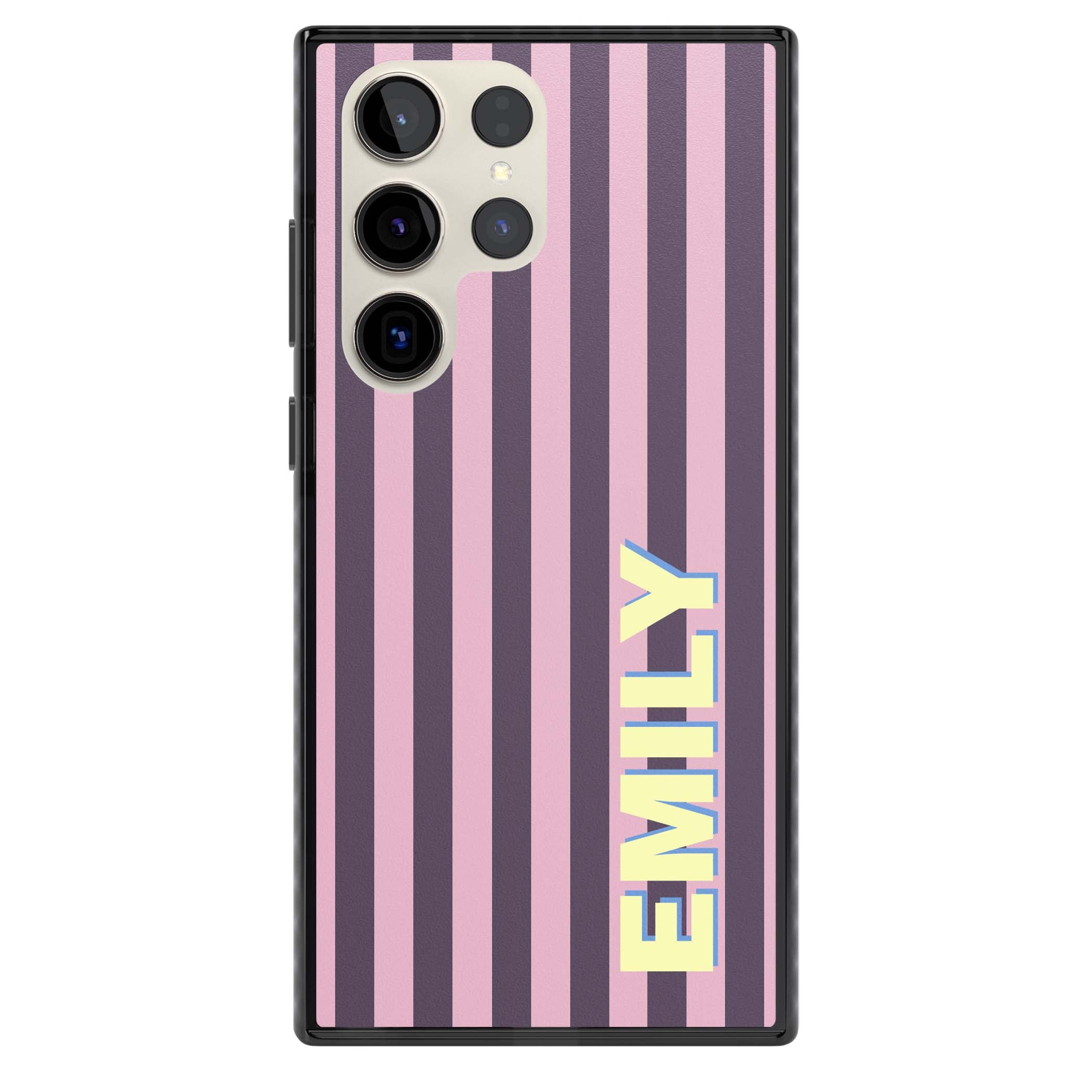 Tyre Stripe personalised stripe iPhone case with plum and pink vertical stripes and custom yellow name | Black Impact case for Samsung Galaxy S24 Ultra, Samsung Galaxy S23 Ultra, Samsung Galaxy S22 Ultra