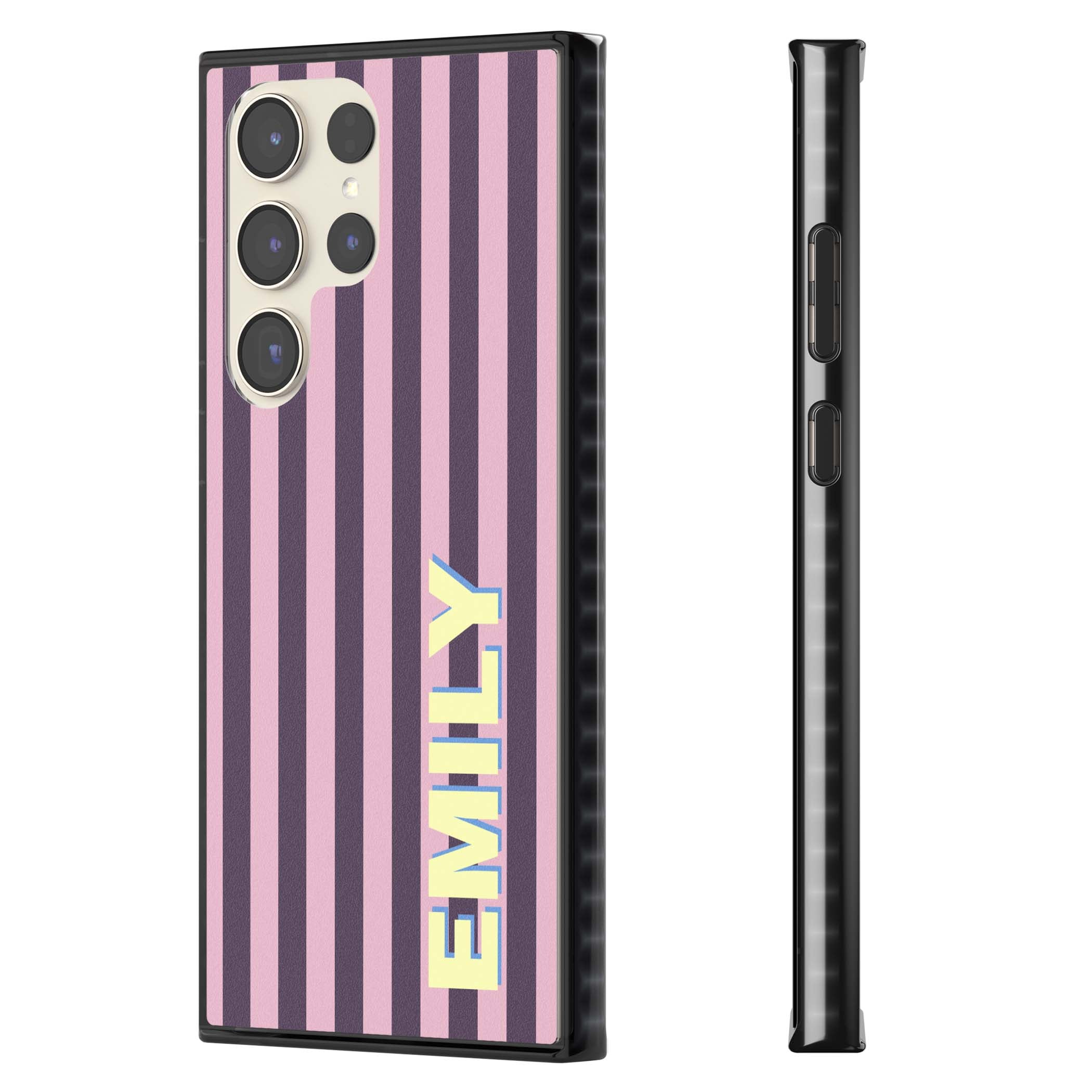 Tyre Stripe personalised stripe iPhone case with plum and pink vertical stripes and custom yellow name | Black Impact case for Samsung Galaxy S24 Ultra, Samsung Galaxy S23 Ultra, Samsung Galaxy S22 Ultra