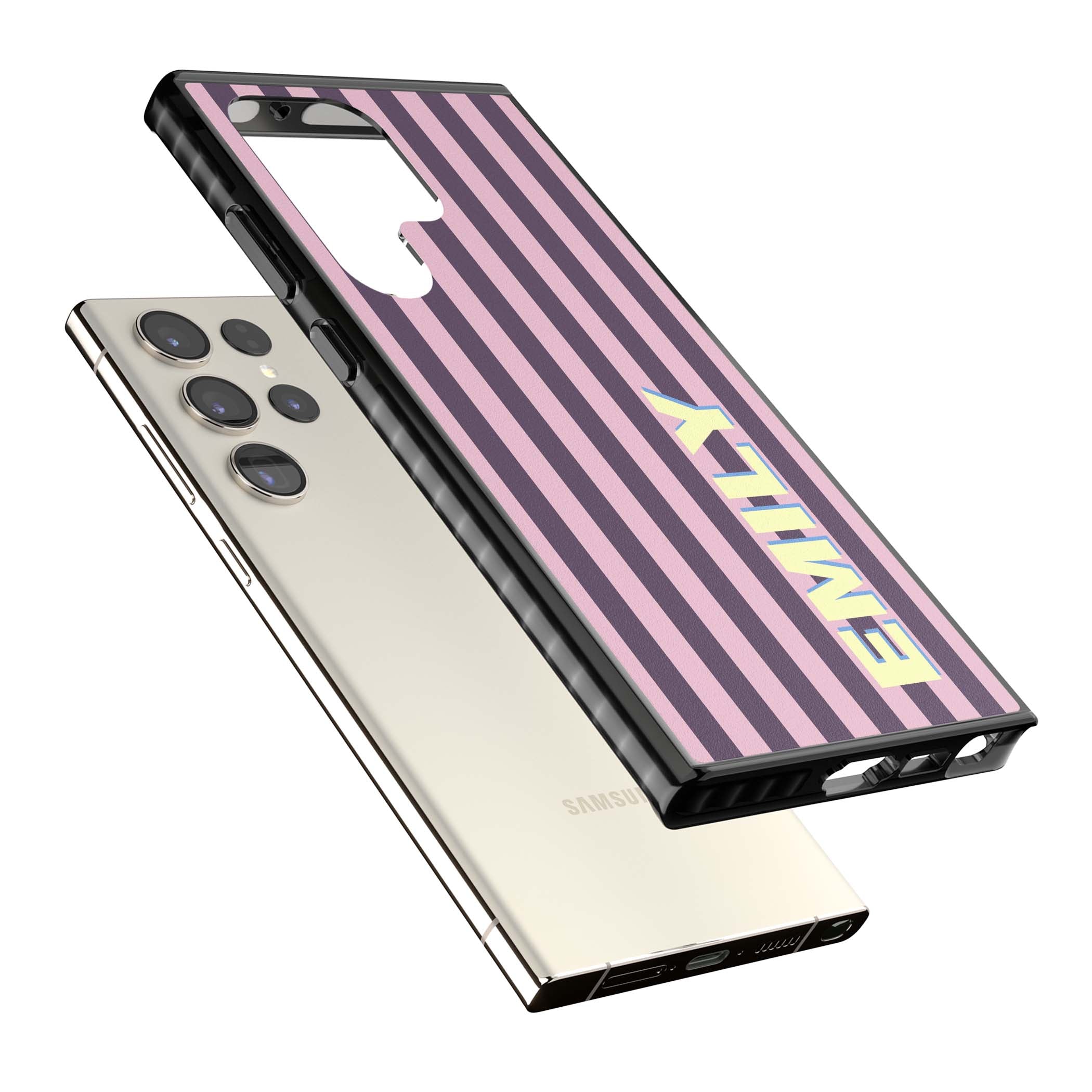 Tyre Stripe personalised stripe iPhone case with plum and pink vertical stripes and custom yellow name | Black Impact case for Samsung Galaxy S24 Ultra, Samsung Galaxy S23 Ultra, Samsung Galaxy S22 Ultra