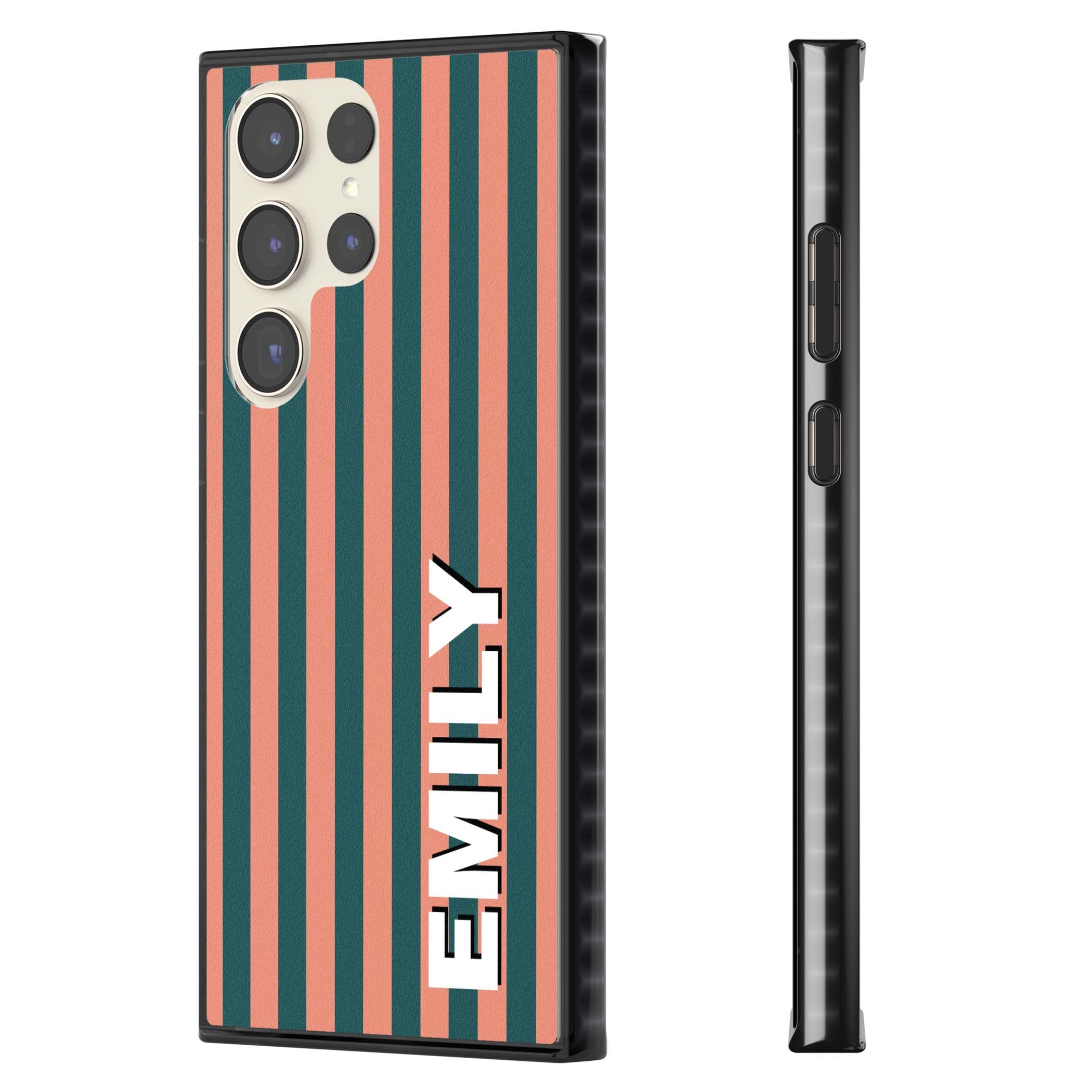 Tuscan Stripe personalised iPhone case featuring coral and green vertical stripes with bold custom name | Black Impact case for Samsung Galaxy S24 Ultra, Samsung Galaxy S23 Ultra, Samsung Galaxy S22 Ultra
