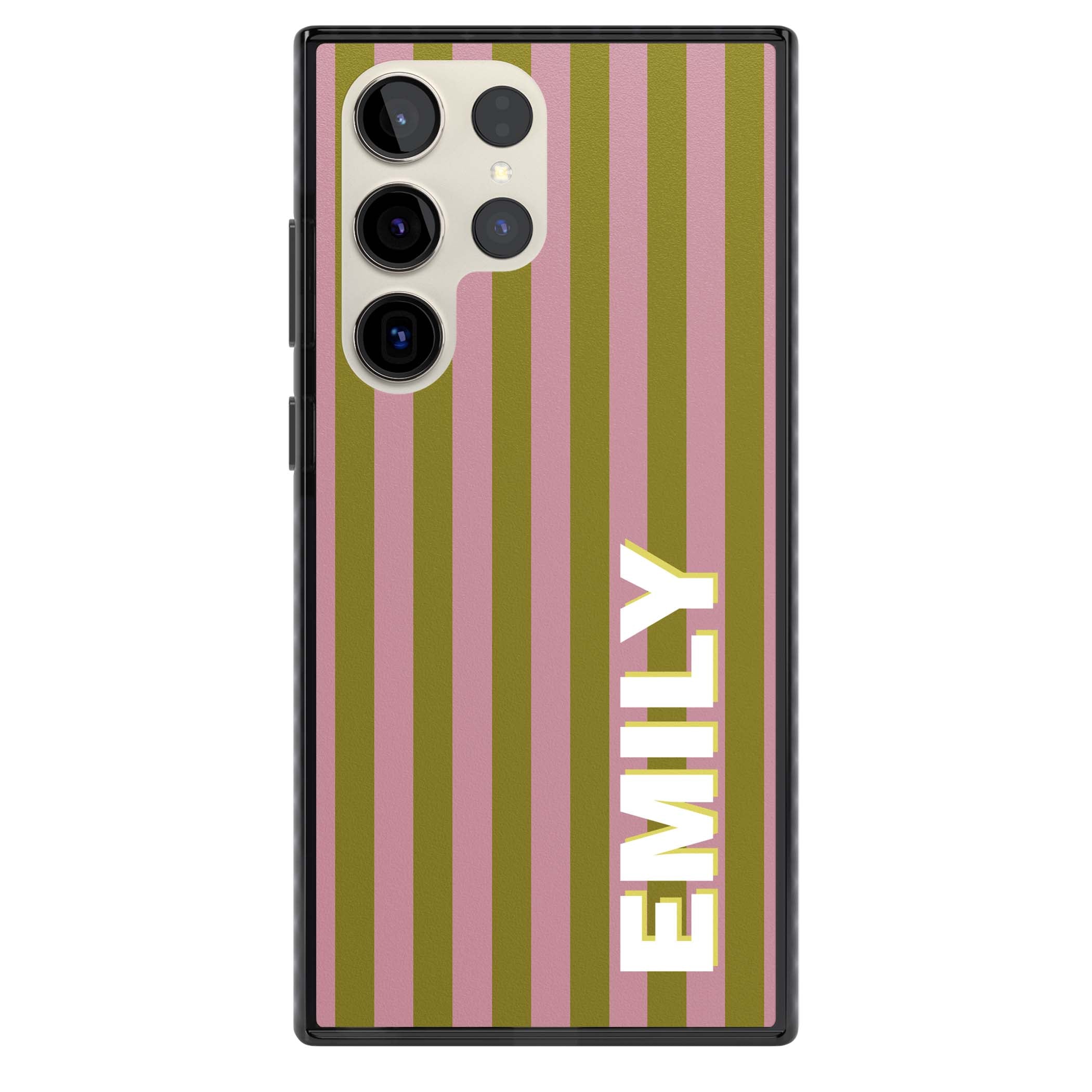 Istanbul Stripe personalised iPhone case featuring pink and olive green vertical stripes with a custom vertical name | Black Impact case for Samsung Galaxy S24 Ultra, Samsung Galaxy S23 Ultra, Samsung Galaxy S22 Ultra