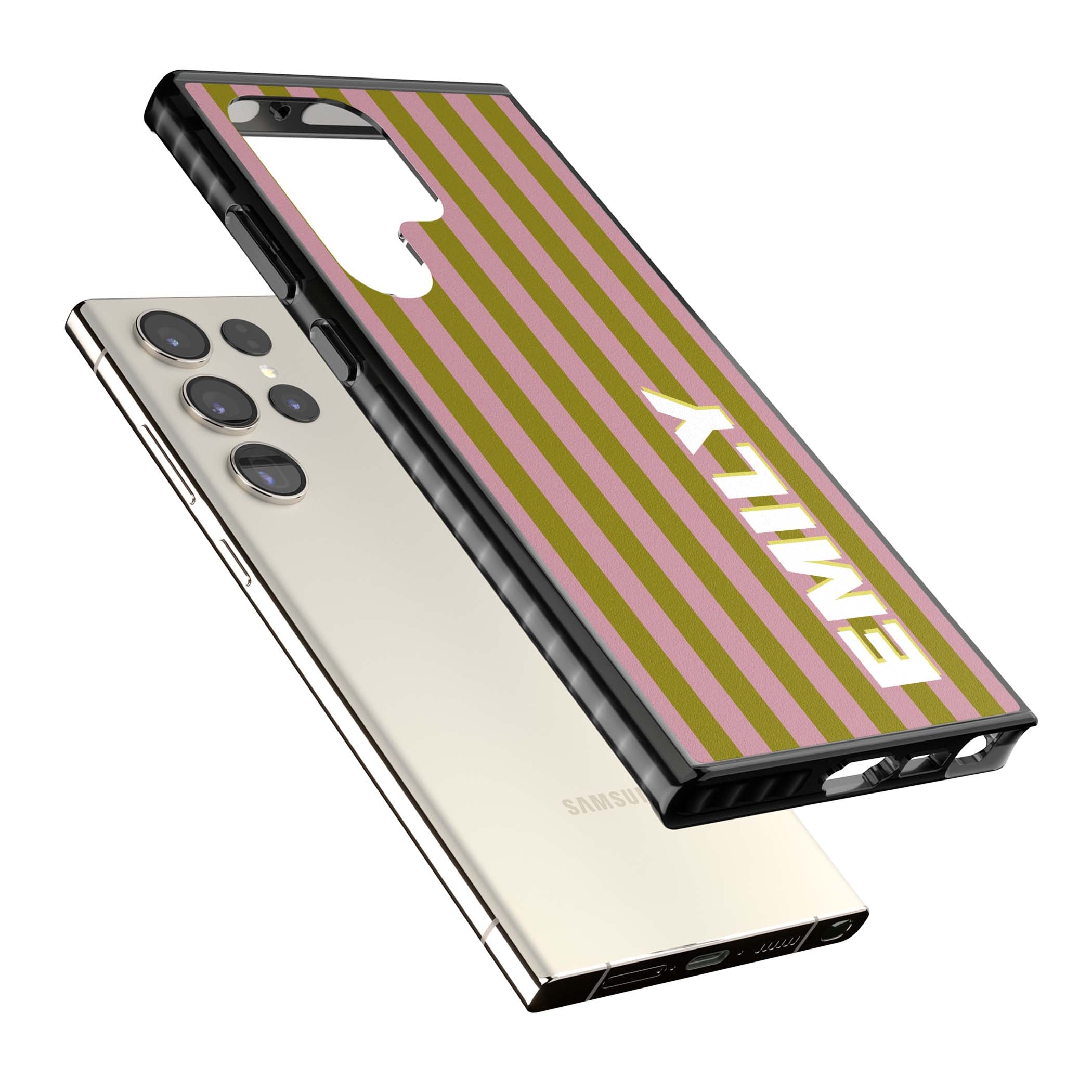Istanbul Stripe personalised iPhone case featuring pink and olive green vertical stripes with a custom vertical name | Black Impact case for Samsung Galaxy S24 Ultra, Samsung Galaxy S23 Ultra, Samsung Galaxy S22 Ultra