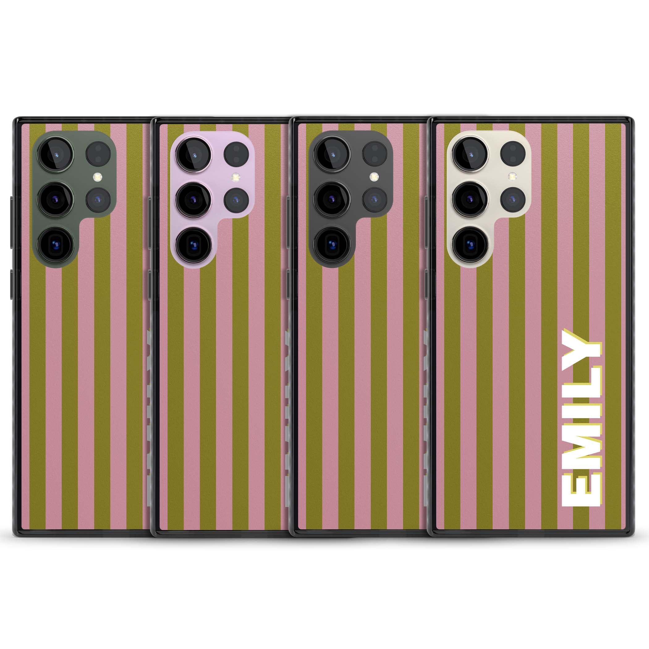 Istanbul Stripe personalised iPhone case featuring pink and olive green vertical stripes with a custom vertical name | Black Impact case for Samsung Galaxy S24 Ultra, Samsung Galaxy S23 Ultra, Samsung Galaxy S22 Ultra