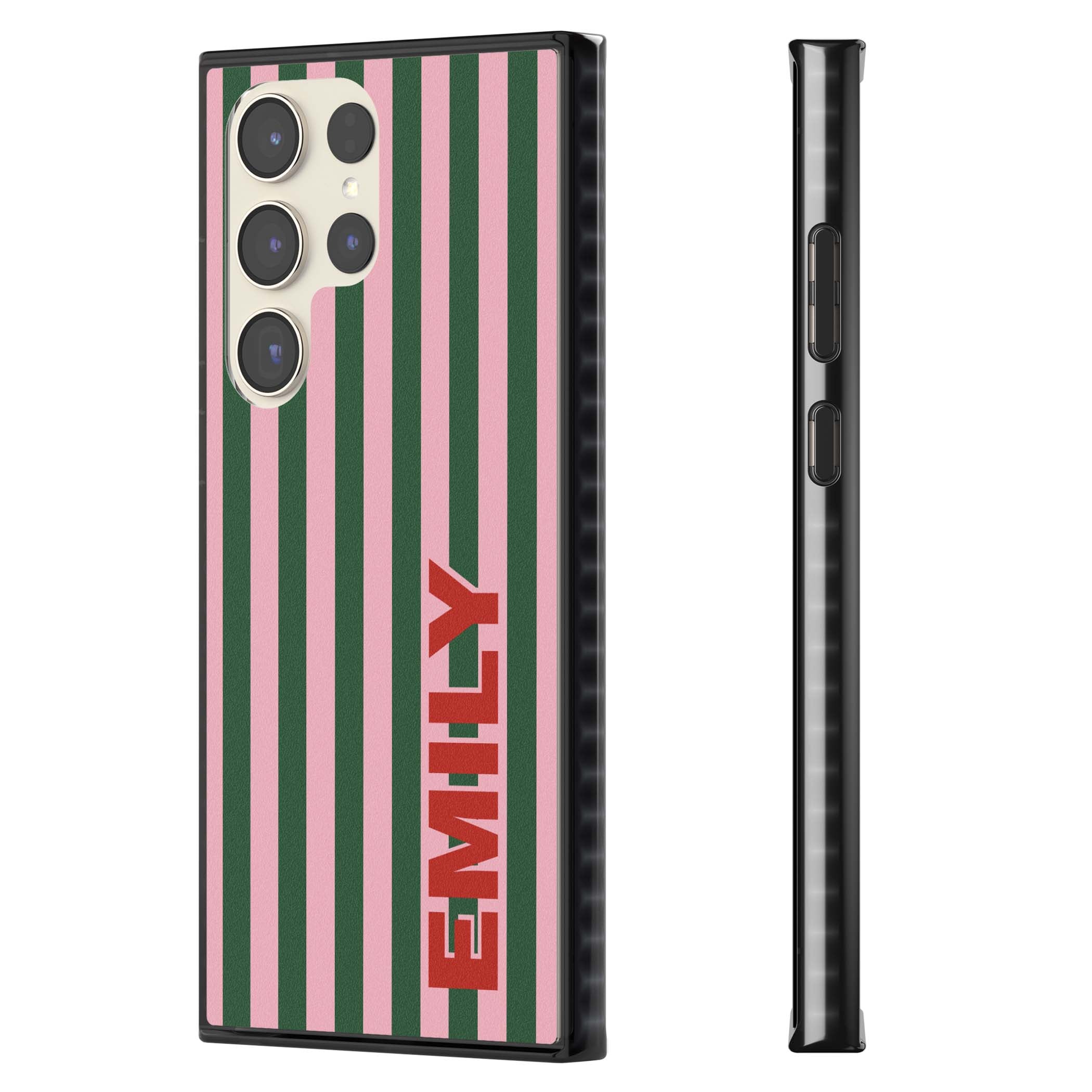 Italian Stripe preppy iPhone case featuring pink and green vertical stripes with personalised red name | Black Impact case for Samsung Galaxy S24 Ultra, Samsung Galaxy S23 Ultra, Samsung Galaxy S22 Ultra