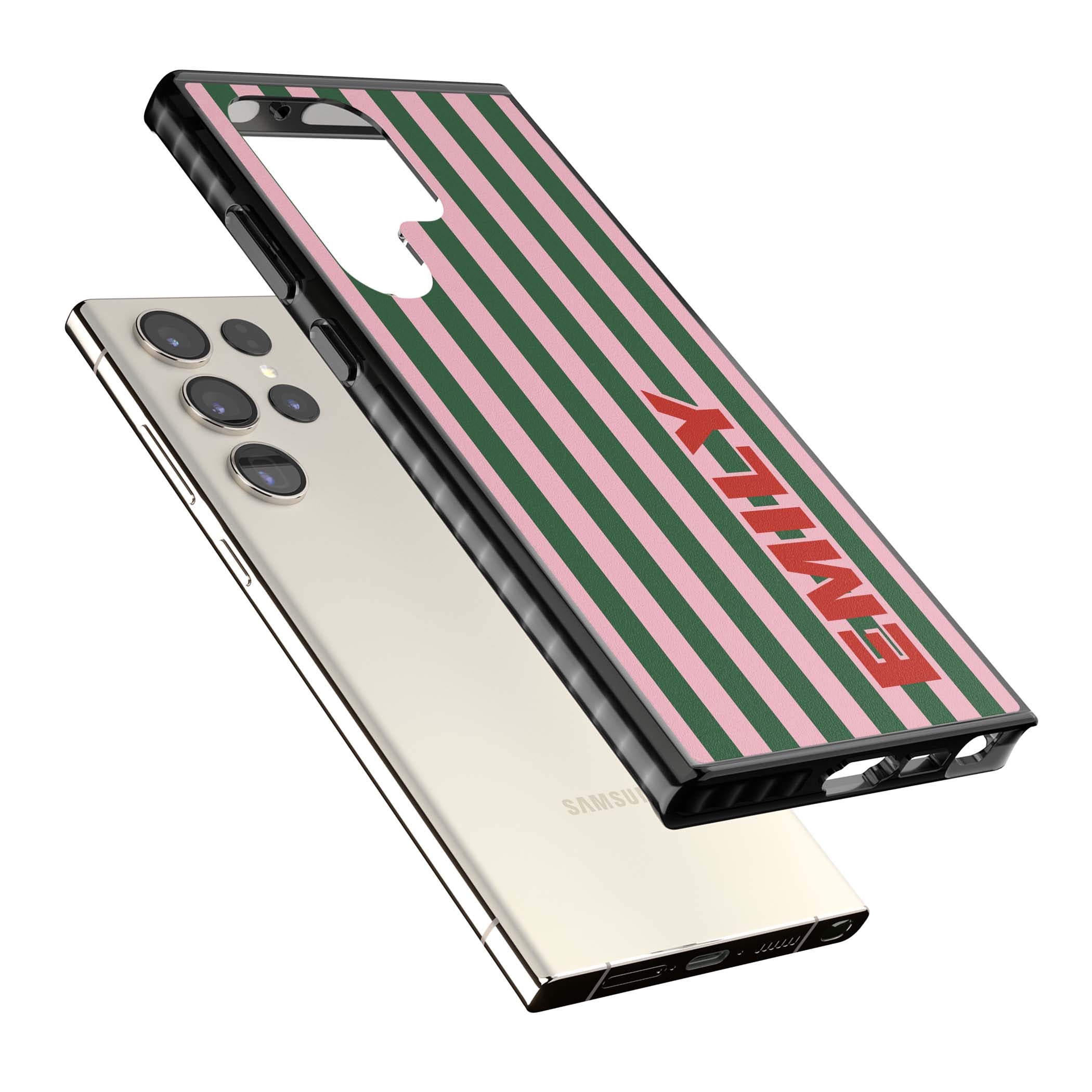 Italian Stripe preppy iPhone case featuring pink and green vertical stripes with personalised red name | Black Impact case for Samsung Galaxy S24 Ultra, Samsung Galaxy S23 Ultra, Samsung Galaxy S22 Ultra