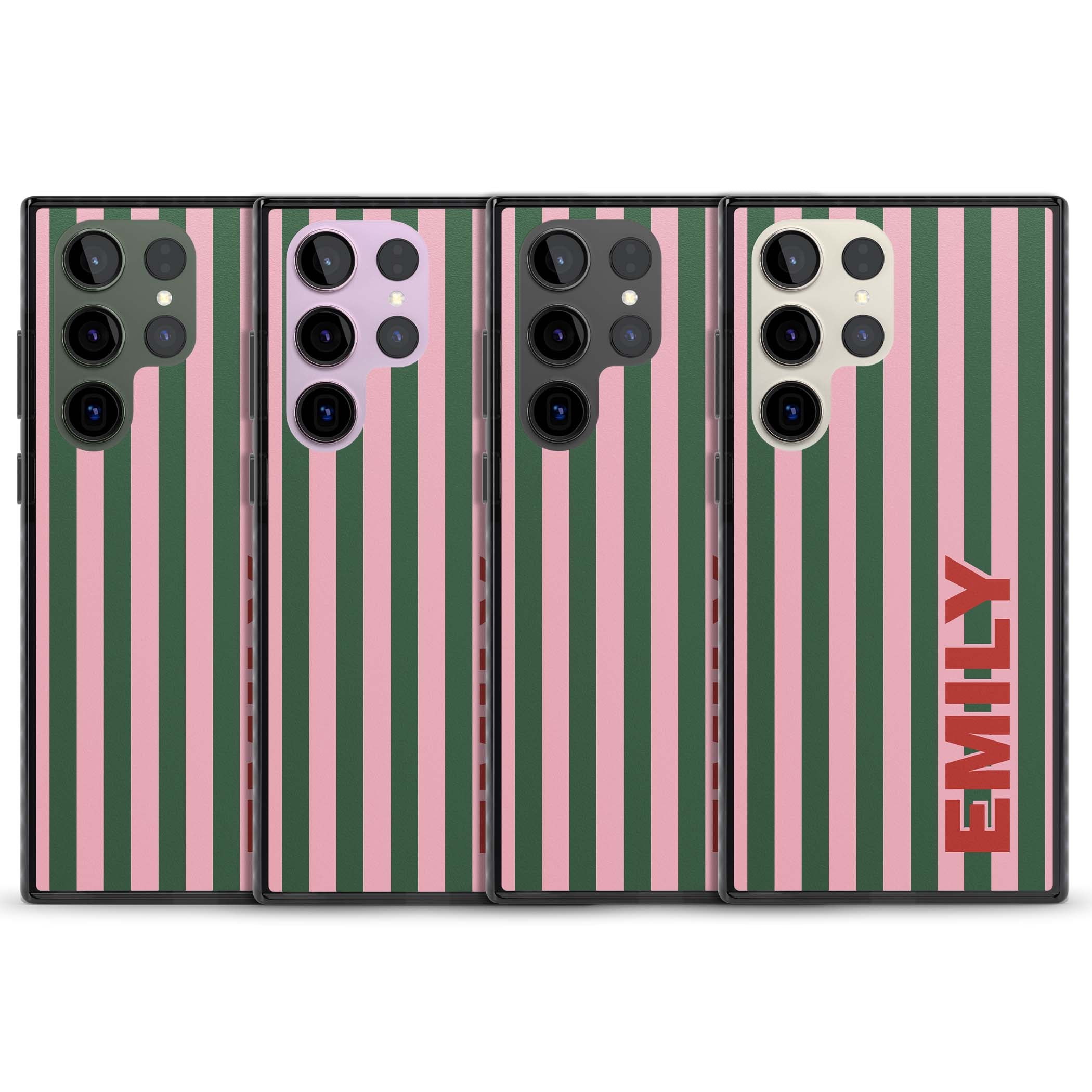 Italian Stripe preppy iPhone case featuring pink and green vertical stripes with personalised red name | Black Impact case for Samsung Galaxy S24 Ultra, Samsung Galaxy S23 Ultra, Samsung Galaxy S22 Ultra