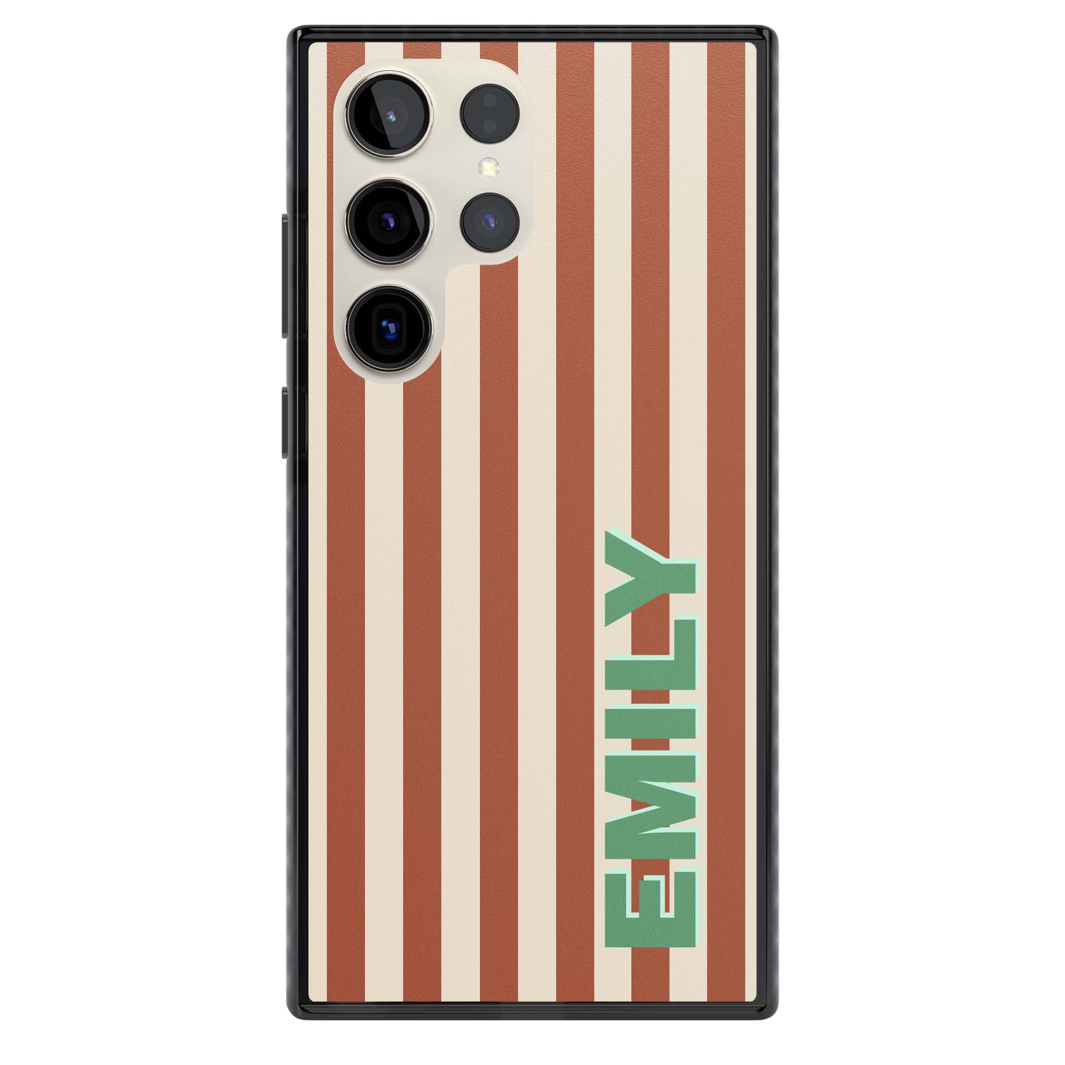 Dune Stripe personalised iPhone case with rust and cream vertical stripes and custom name in mint green | Black Impact case for Samsung Galaxy S24 Ultra, Samsung Galaxy S23 Ultra, Samsung Galaxy S22 Ultra