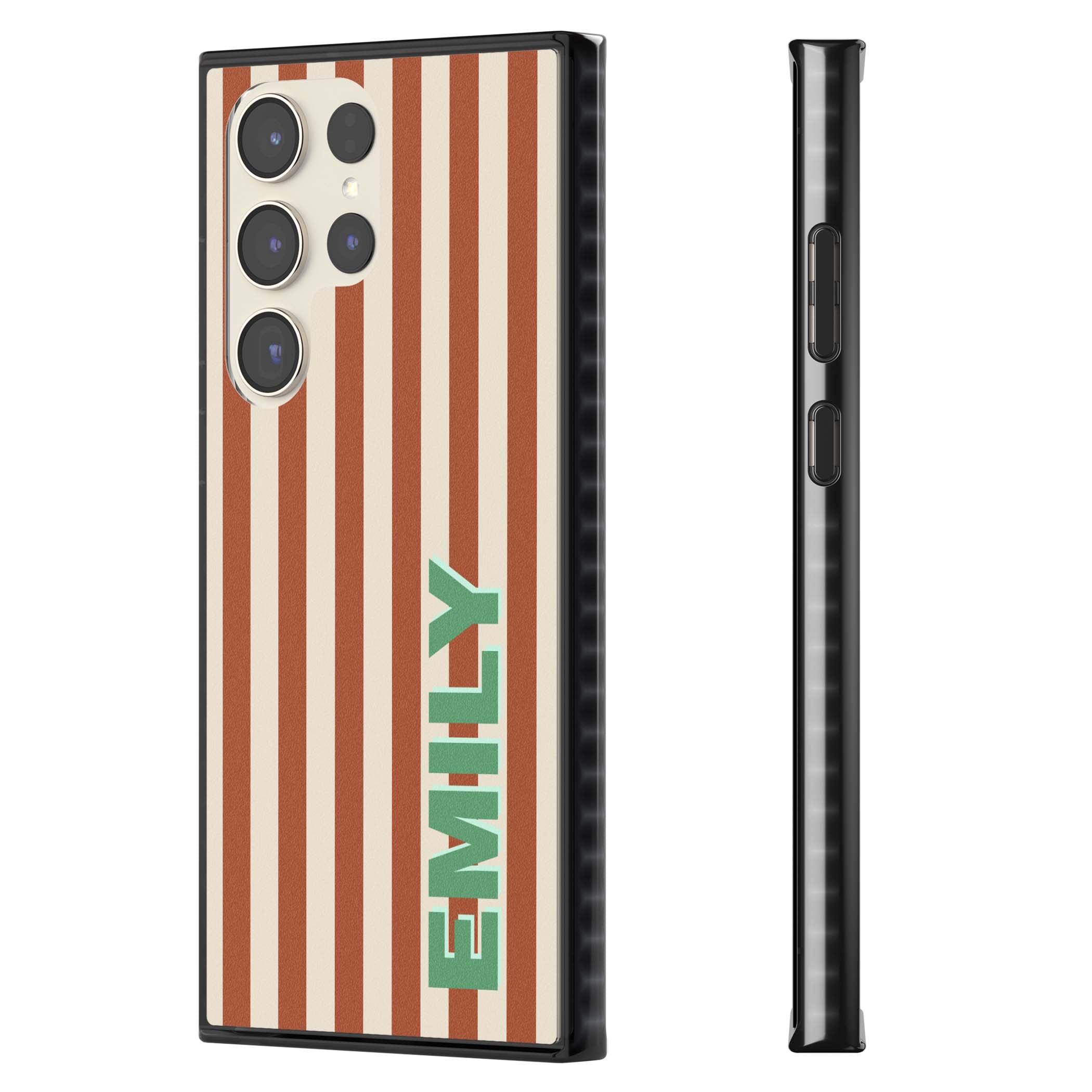 Dune Stripe personalised iPhone case with rust and cream vertical stripes and custom name in mint green | Black Impact case for Samsung Galaxy S24 Ultra, Samsung Galaxy S23 Ultra, Samsung Galaxy S22 Ultra