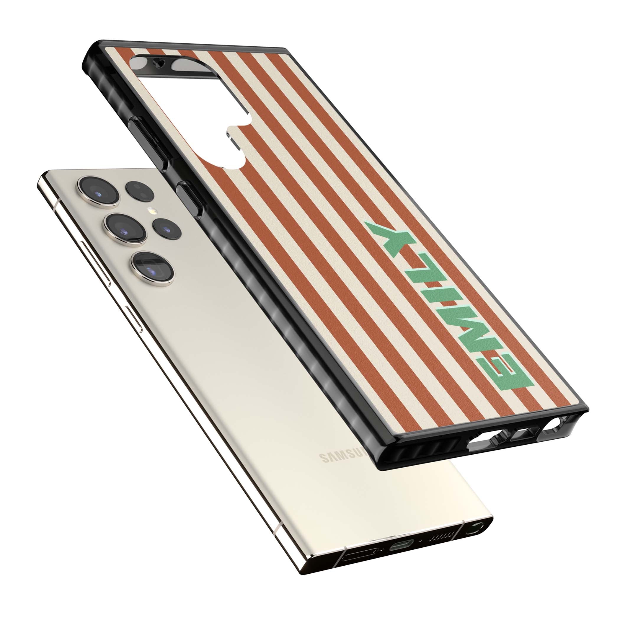 Dune Stripe personalised iPhone case with rust and cream vertical stripes and custom name in mint green | Black Impact case for Samsung Galaxy S24 Ultra, Samsung Galaxy S23 Ultra, Samsung Galaxy S22 Ultra