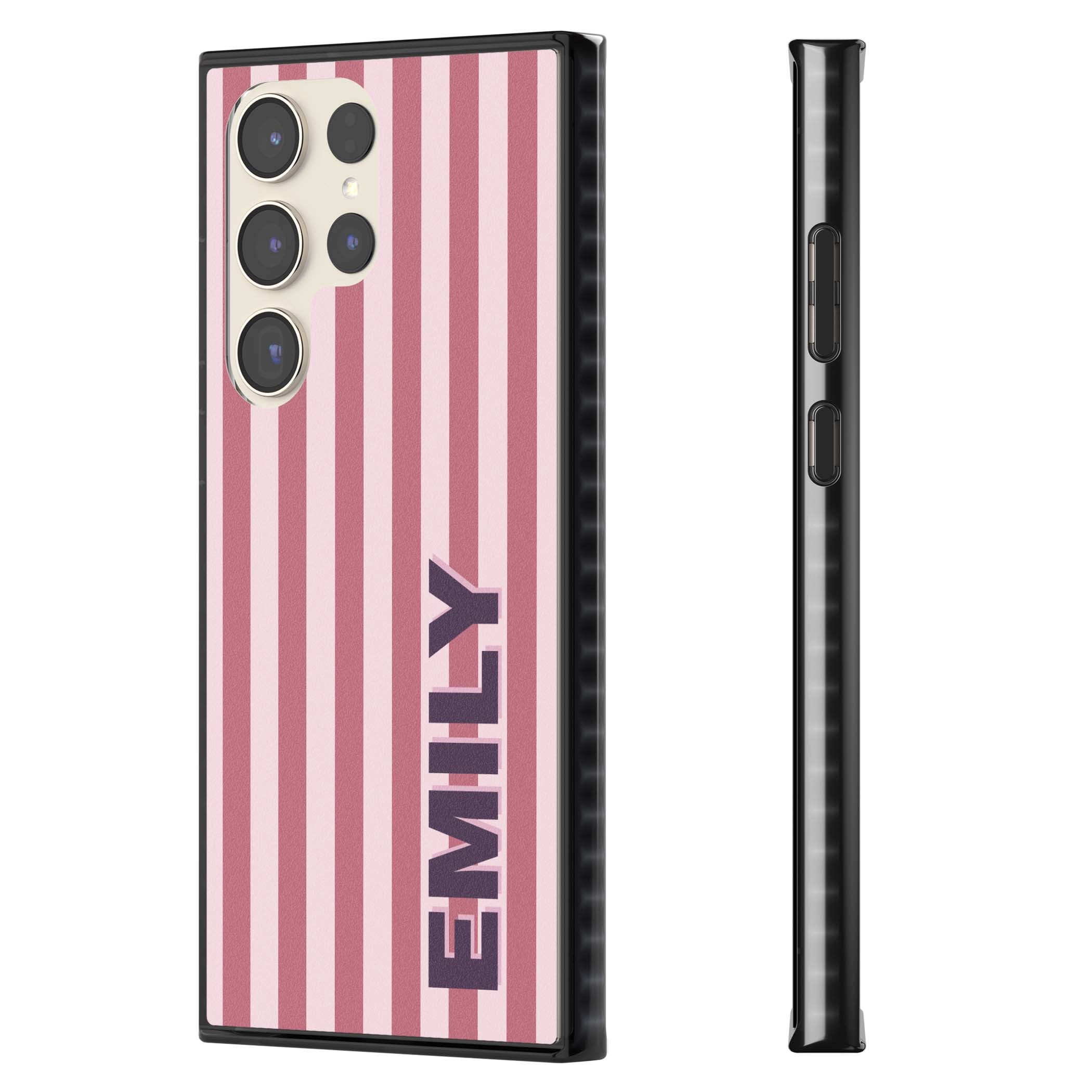 Victoria Stripe personalised iPhone case featuring pink vertical stripes and custom name in bold plum lettering | Black Impact case for Samsung Galaxy S24 Ultra, Samsung Galaxy S23 Ultra, Samsung Galaxy S22 Ultra
