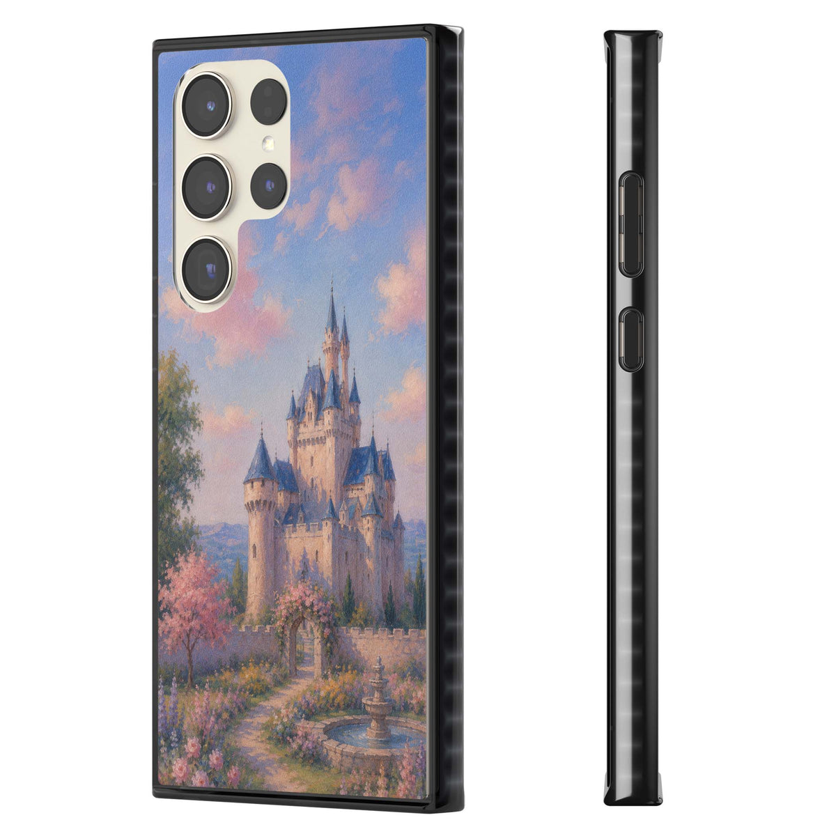 Enchanted Kingdom fairytale iPhone case featuring a romantic castle painting with cherry blossoms and pastel pink sky | Black Impact case for Samsung Galaxy S24 Ultra, Samsung Galaxy S23 Ultra, Samsung Galaxy S22 Ultra