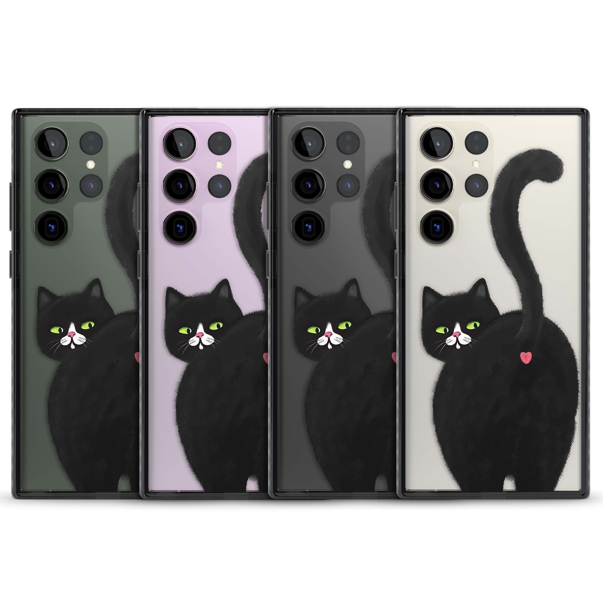 The Cat's Kiss cute cat iPhone case featuring a hand-painted tuxedo kitty with green eyes and a pink heart on a clear  | Black Impact case for Samsung Galaxy S24 Ultra, Samsung Galaxy S23 Ultra, Samsung Galaxy S22 Ultra