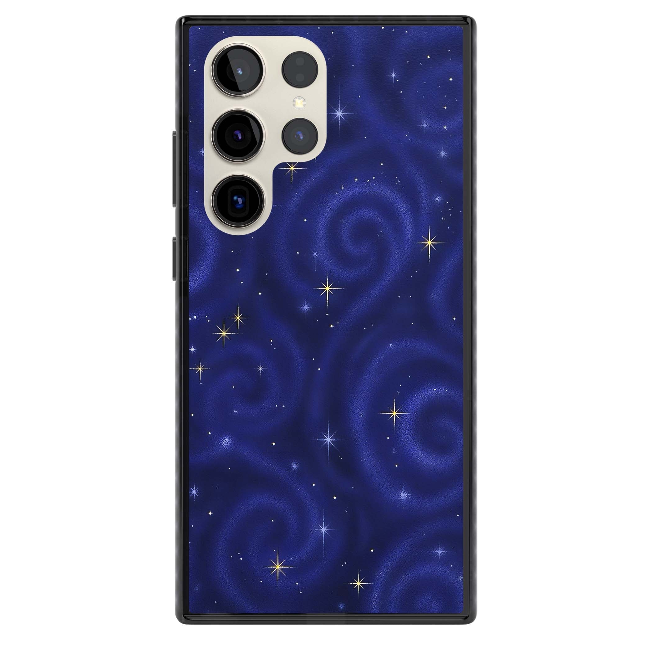 Indigo Cosmos celestial iPhone case featuring swirling navy night sky and sparkling golden stars | Black Impact case for Samsung Galaxy S24 Ultra, Samsung Galaxy S23 Ultra, Samsung Galaxy S22 Ultra