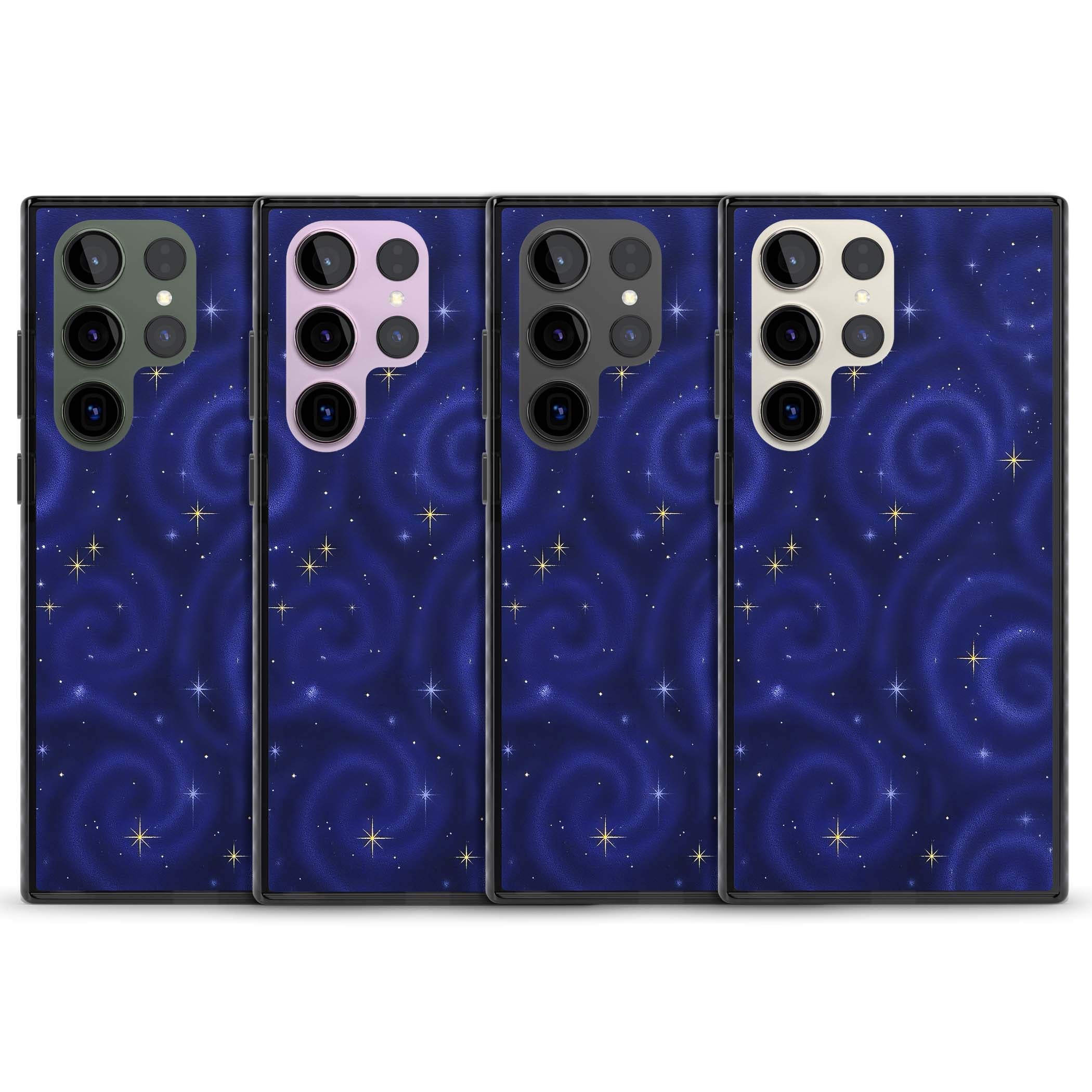 Indigo Cosmos celestial iPhone case featuring swirling navy night sky and sparkling golden stars | Black Impact case for Samsung Galaxy S24 Ultra, Samsung Galaxy S23 Ultra, Samsung Galaxy S22 Ultra