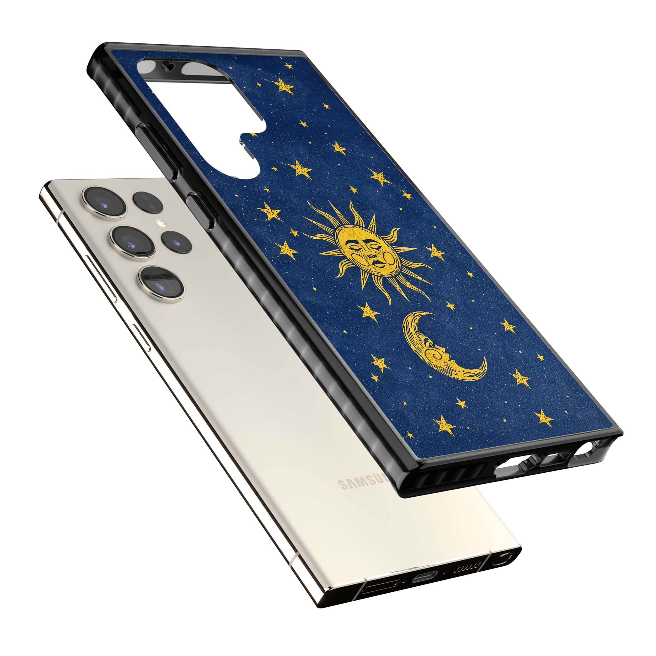 Sun & Moon Reverie celestial iPhone case featuring a vintage golden sun, crescent moon and scattered stars on midnight blue | Black Impact case for Samsung Galaxy S24 Ultra, Samsung Galaxy S23 Ultra, Samsung Galaxy S22 Ultra