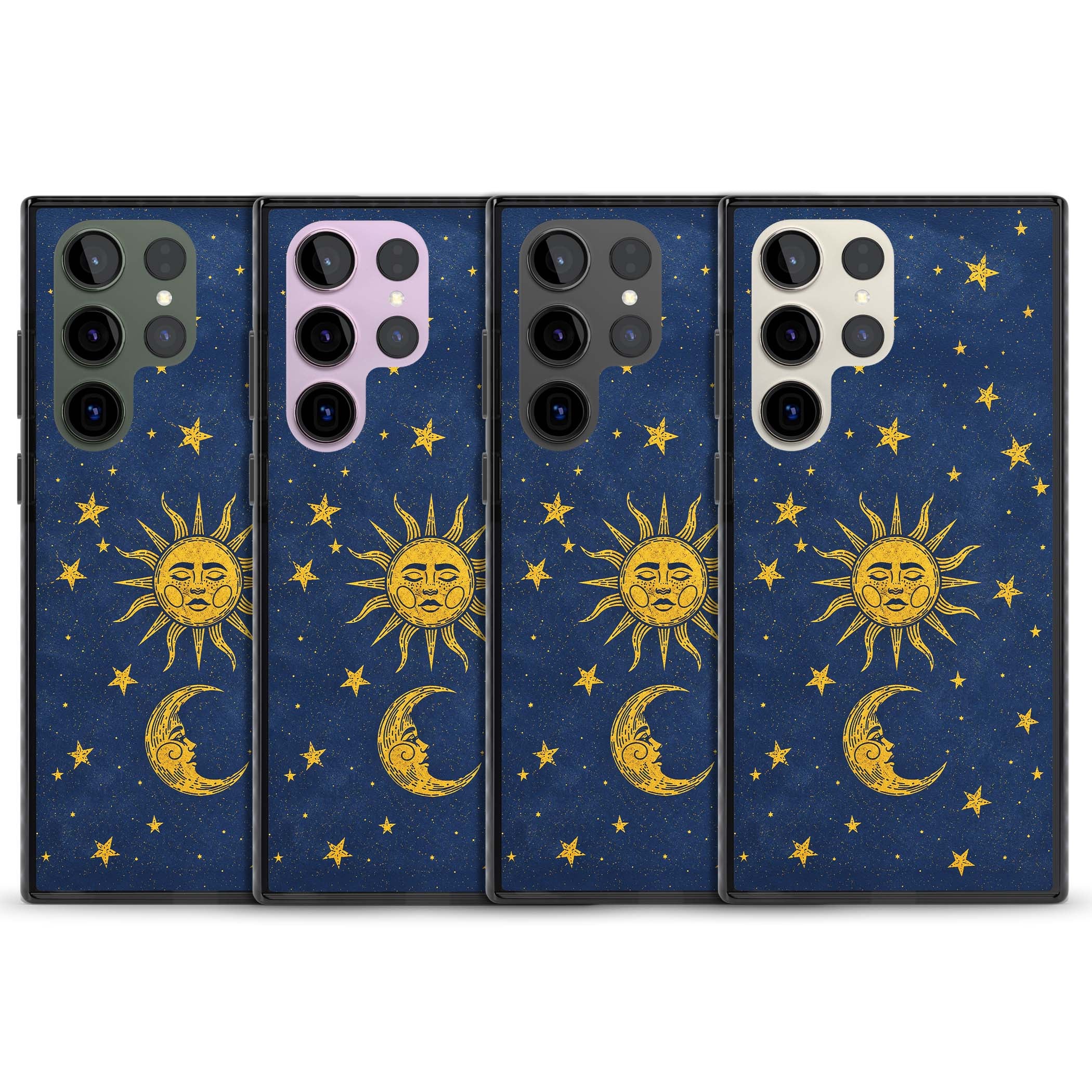 Sun & Moon Reverie celestial iPhone case featuring a vintage golden sun, crescent moon and scattered stars on midnight blue | Black Impact case for Samsung Galaxy S24 Ultra, Samsung Galaxy S23 Ultra, Samsung Galaxy S22 Ultra