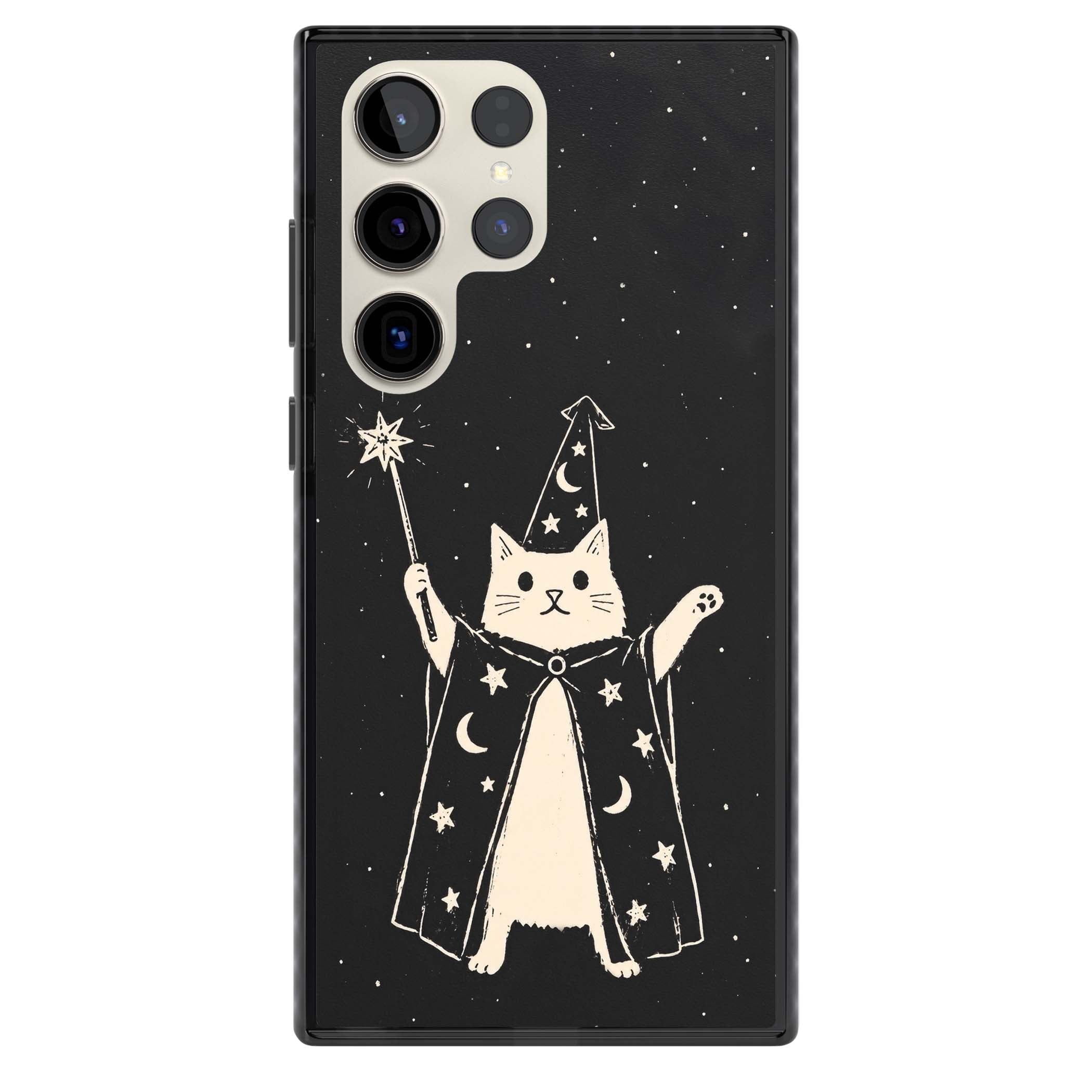 Whisker Wizard celestial cat iPhone case featuring a wizard cat with magic wand, starry night sky and crescent moons | Black Impact case for Samsung Galaxy S24 Ultra, Samsung Galaxy S23 Ultra, Samsung Galaxy S22 Ultra