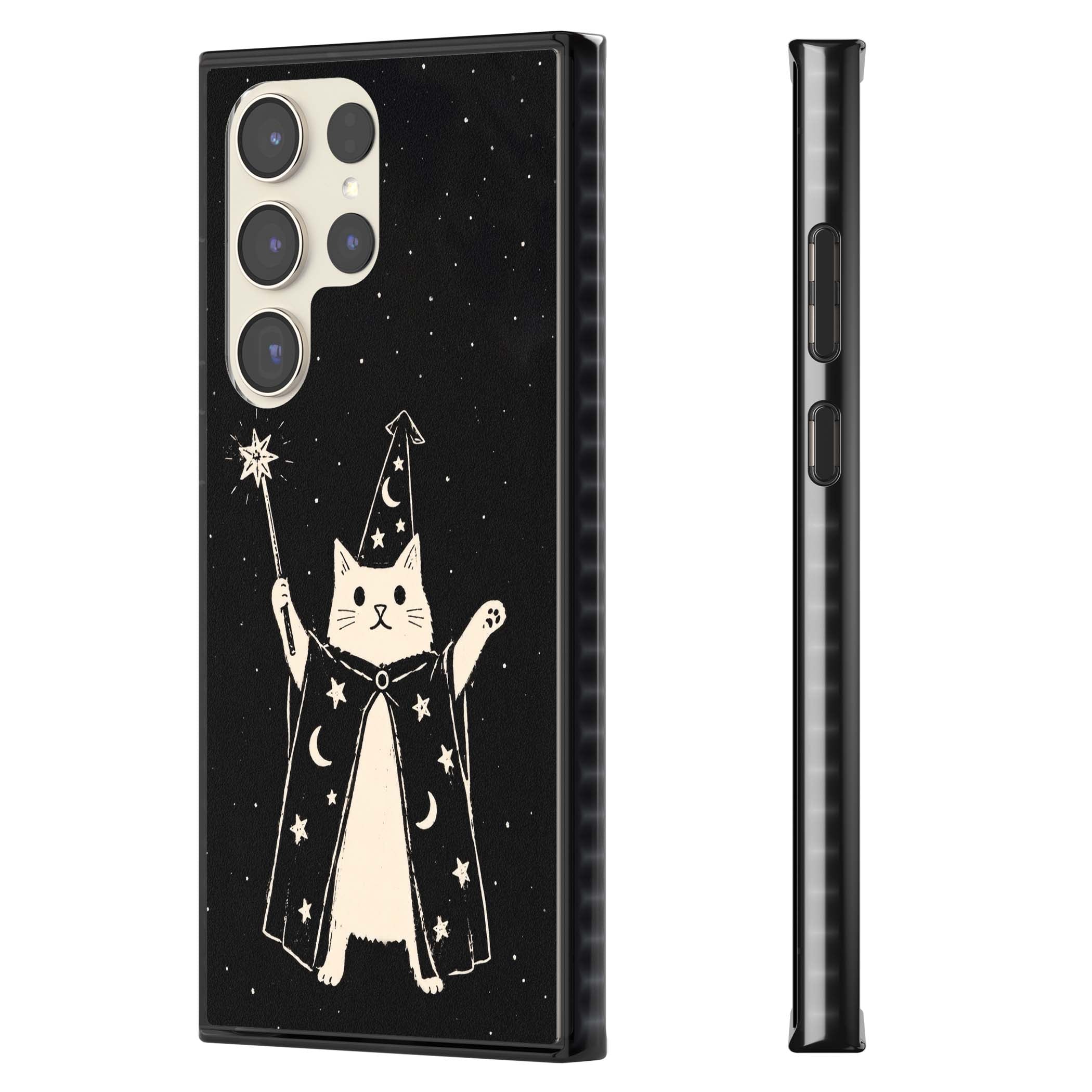 Whisker Wizard celestial cat iPhone case featuring a wizard cat with magic wand, starry night sky and crescent moons | Black Impact case for Samsung Galaxy S24 Ultra, Samsung Galaxy S23 Ultra, Samsung Galaxy S22 Ultra