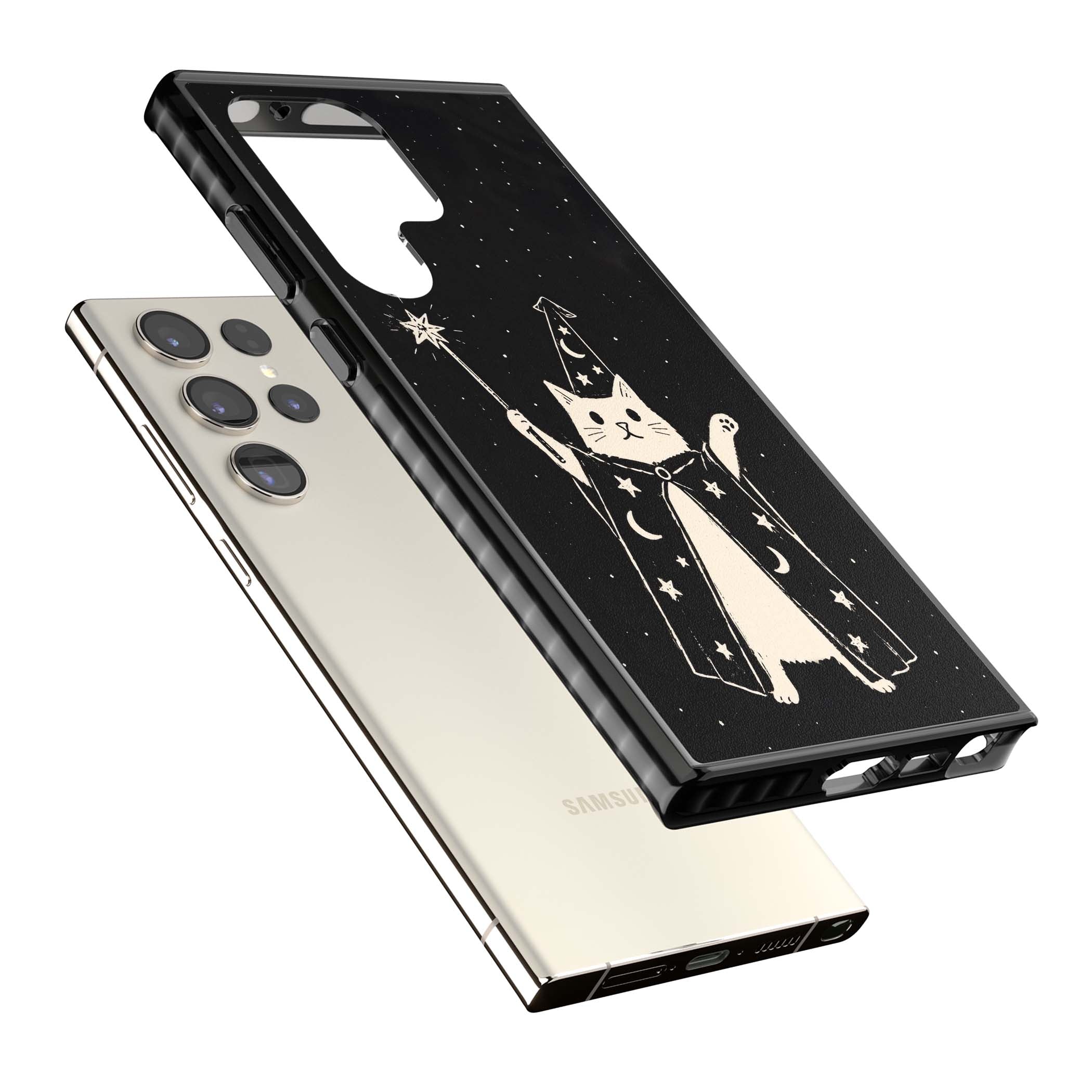 Whisker Wizard celestial cat iPhone case featuring a wizard cat with magic wand, starry night sky and crescent moons | Black Impact case for Samsung Galaxy S24 Ultra, Samsung Galaxy S23 Ultra, Samsung Galaxy S22 Ultra