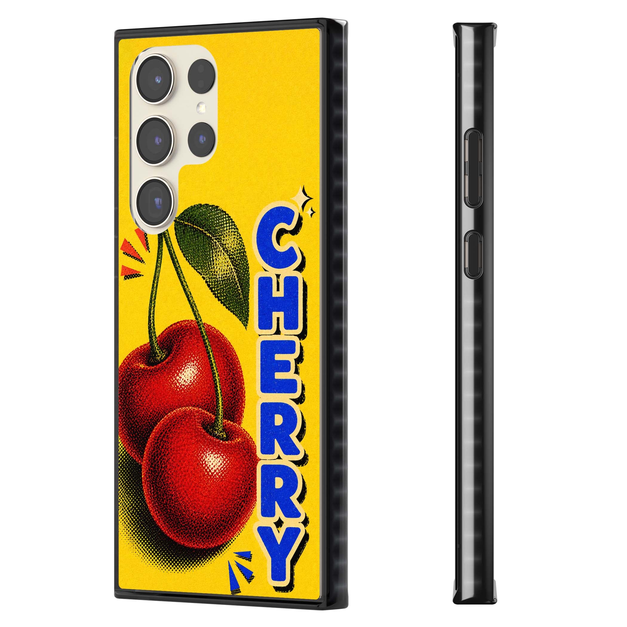 Cherry Yellow y2k iPhone case featuring two red cherries, halftone shading and bold blue CHERRY lettering on yellow | Black Impact case for Samsung Galaxy S24 Ultra, Samsung Galaxy S23 Ultra, Samsung Galaxy S22 Ultra